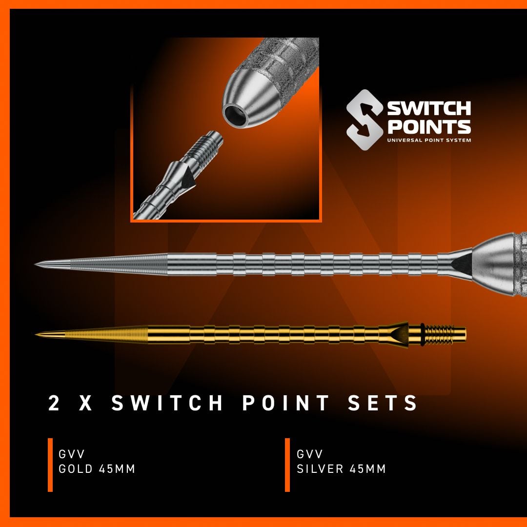 Winmau Gian Van Veen W-MAX Switch Point Steeldarts werden im Bild präsentiert. Die Darts sind klar und deutlich zu erkennen.
