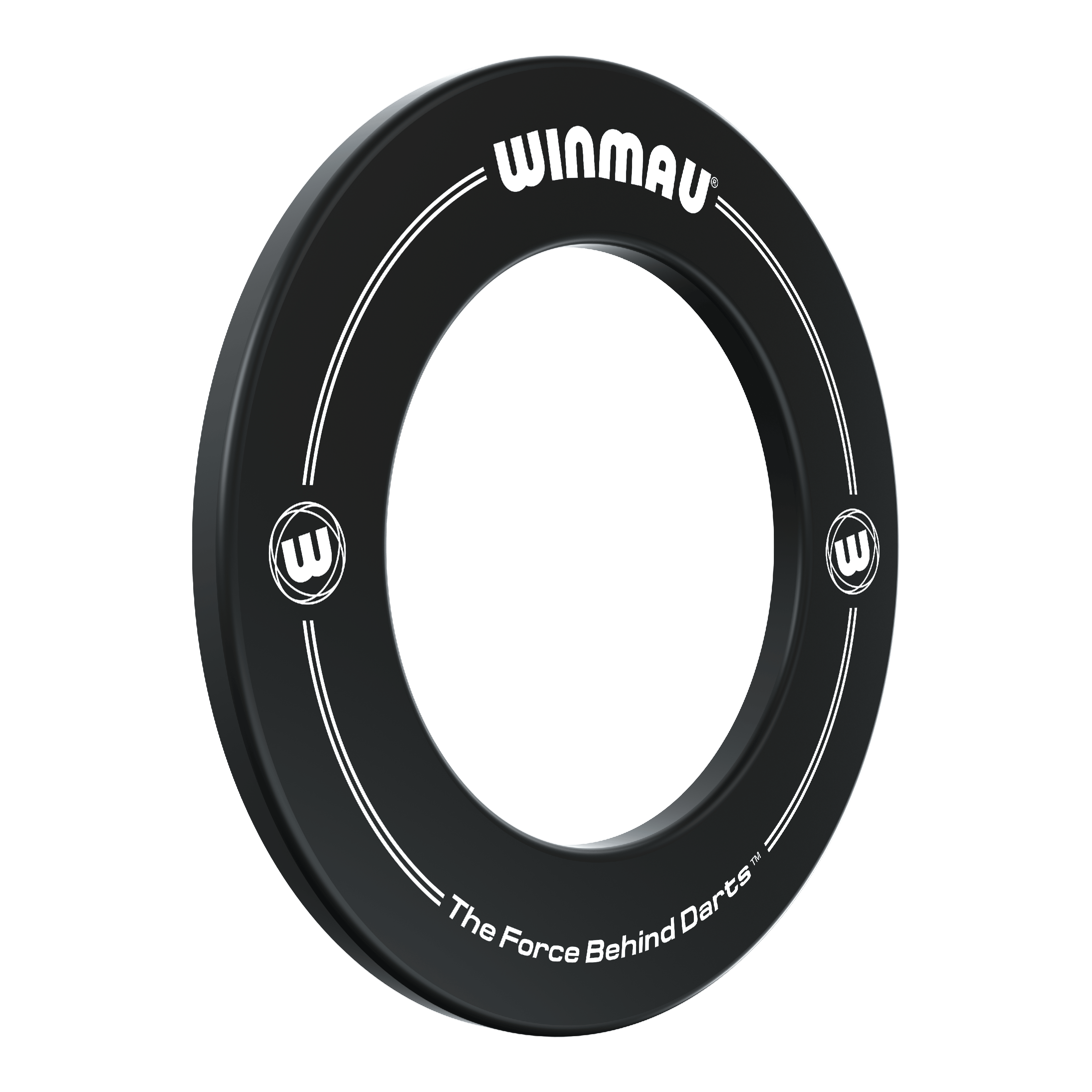 Winmau Dartboard Surround Das Bild zeigt einen schwarzen Dartboard-Surround-Ring der Marke Winmau. Auf dem Ring stehen die Worte „WINMAU“ und „The Force Behind Darts“.