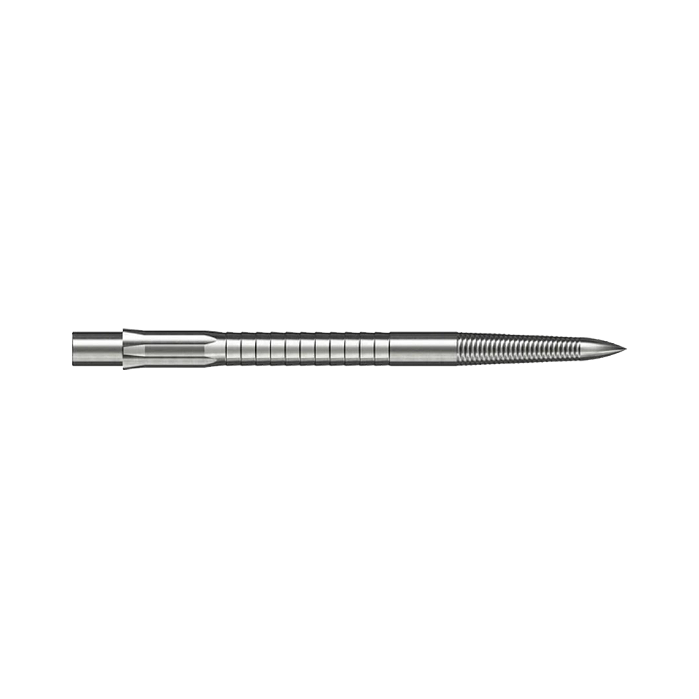 Die Abbildung zeigt eine Caliburn Evo System Steeldartspitze Micro Grip in Silber mit 36 mm Länge. Die Spitze ist detailliert und auf weißem Hintergrund dargestellt.