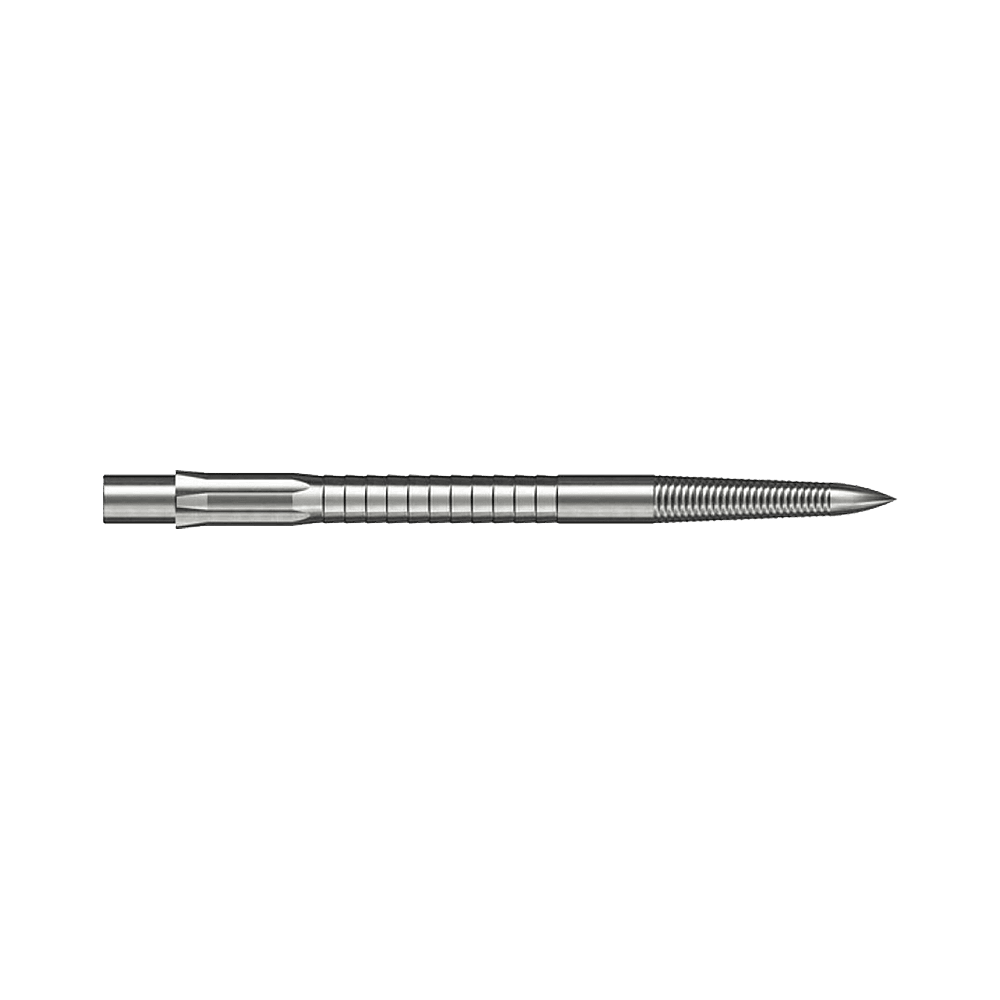 Caliburn System stalen dartpunten - Micro Grip - Zilver Die Abbildung zeigt eine Caliburn Evo System Steeldartspitze Micro Grip in Silber mit 36 mm Länge. Die Spitze ist detailliert und auf weißem Hintergrund dargestellt.