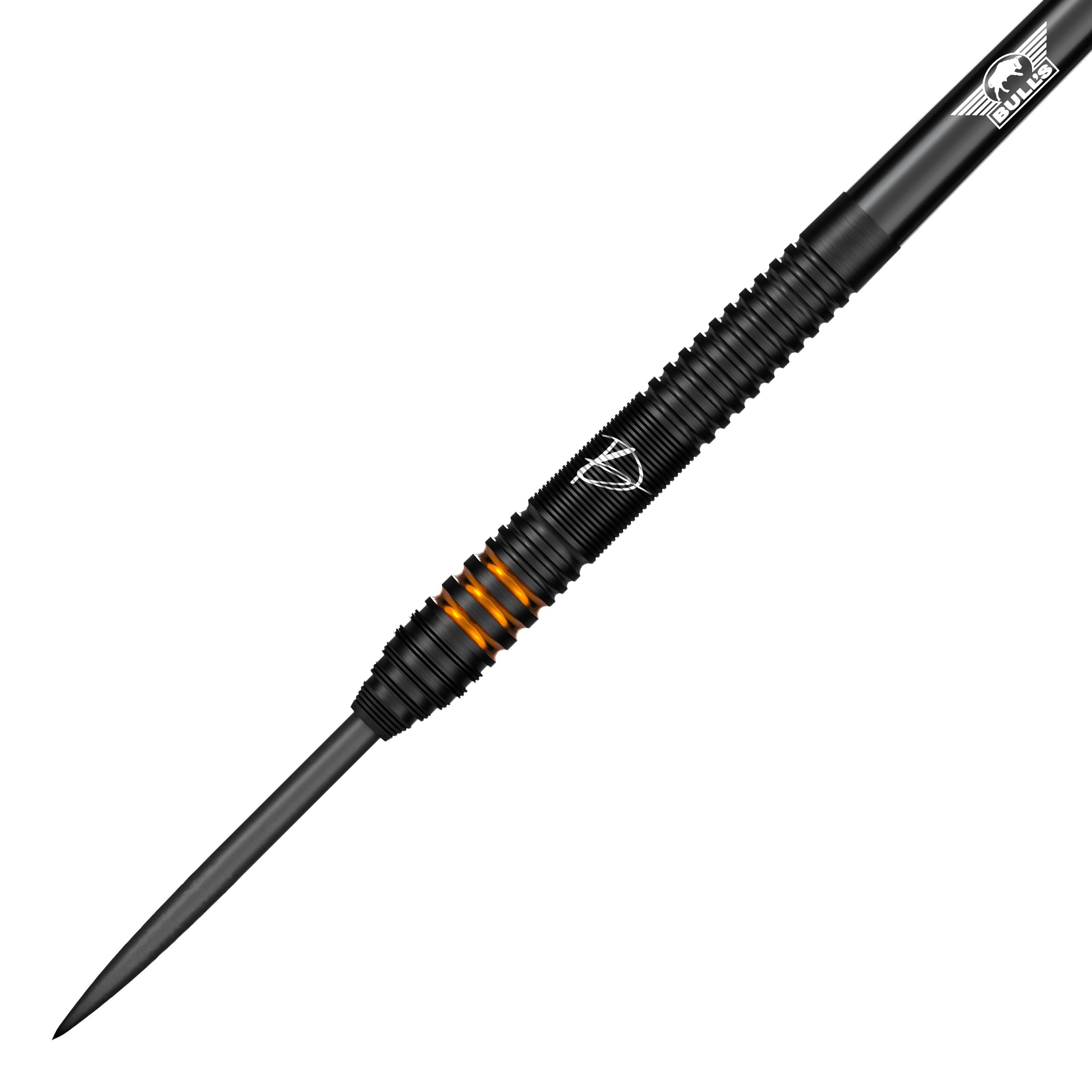 Bulls NL Dirk Van Duijvenbode Editie 2 stalen darts Dies ist der Bulls NL Dirk Van Duijvenbode Edition 2 Steeldart. Der Dart ist überwiegend schwarz mit auffälligen orangefarbenen Ringen im Griffbereich.