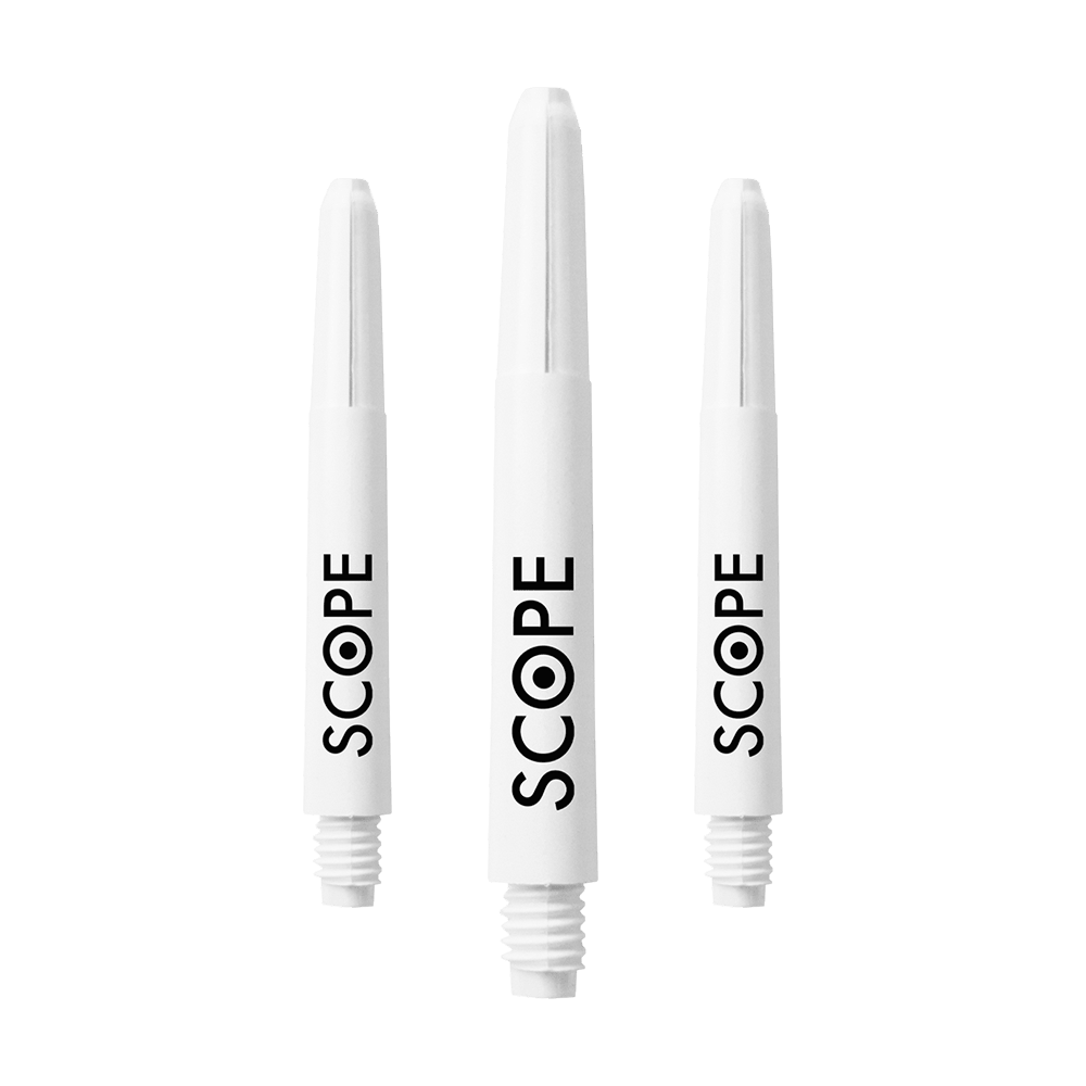 526_McDart_Scope_Nylon_Shafts_Weiss_41mm_1PKEltwui3ubyw Das Bild zeigt drei weiße McDart Scope Nylon Shafts. Auf jedem Shaft steht das Wort "SCOPE" in schwarzer Schrift.