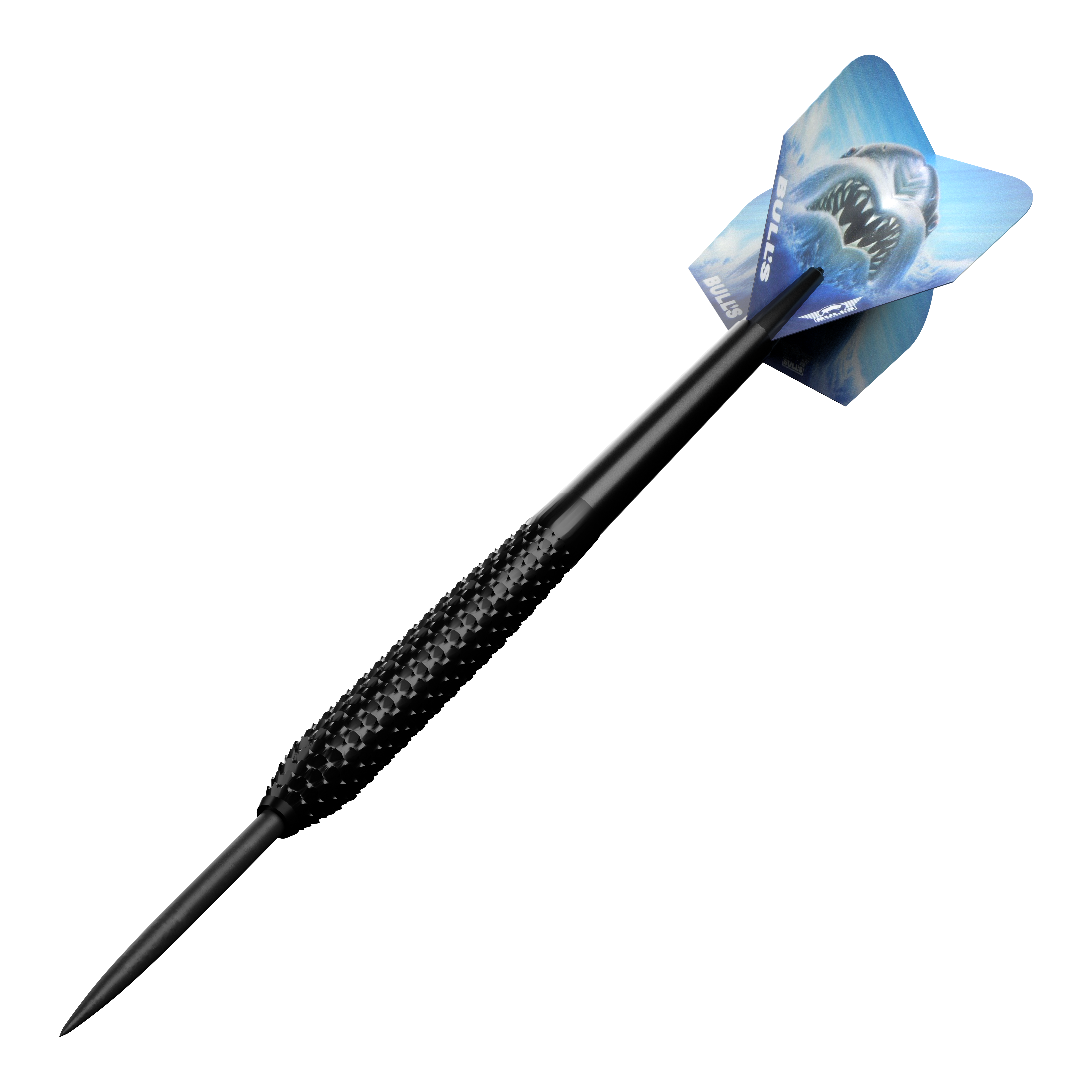 Bulls NL Shark Pro Zwarte Stalen Darts Der Bulls NL Shark Pro Black Steeldart ist ein schwarzer Steeldartpfeil mit einer strukturierten Griffzone. Auf dem Flight ist ein bedrohlicher Hai abgebildet.