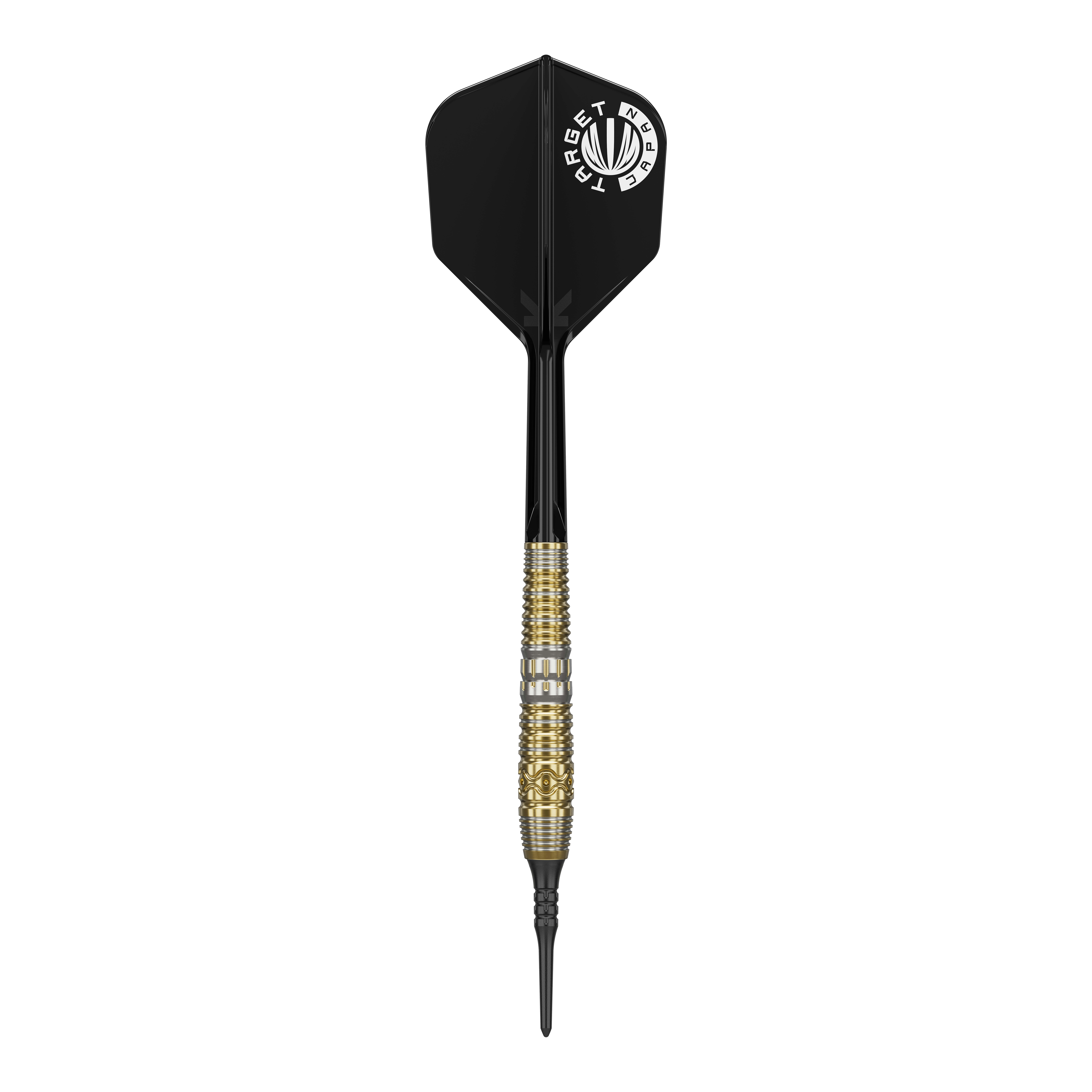 Target Japan Hot Shot GEN2 Soft Darts - 19g Das Bild zeigt einen Softdart mit schwarzem Flight und goldenem Griff. Es handelt sich um das Produkt "Target Japan Hot Shot GEN2 Softdarts - 19g".