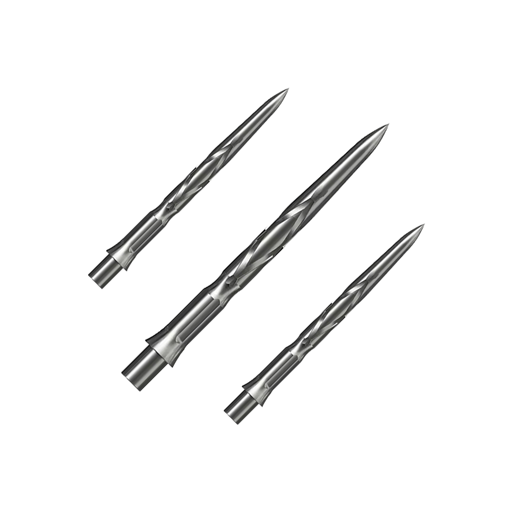 Caliburn System stalen dartpunten - HAN G2 - Zilver Auf dem Bild sind drei silberne Steeldartspitzen zu sehen. Sie haben eine spitz zulaufende Form mit eingeritztem Muster.