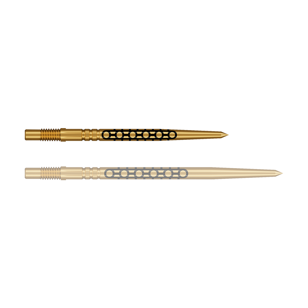 Shot Turbo Point Goths Dartpunten - Goud Eine einzelne, kompakte Dartspitze in Goldoptik ist abgebildet. Die Spitze ist robust gefertigt.