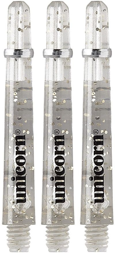 78988-Gripper-4-Elements-Clear-Medium Das Bild zeigt drei transparente Dartschäfte mit silbernen Glitzerelementen. Auf jedem Schaft steht das Wort "unicorn" in schwarzer Schrift.