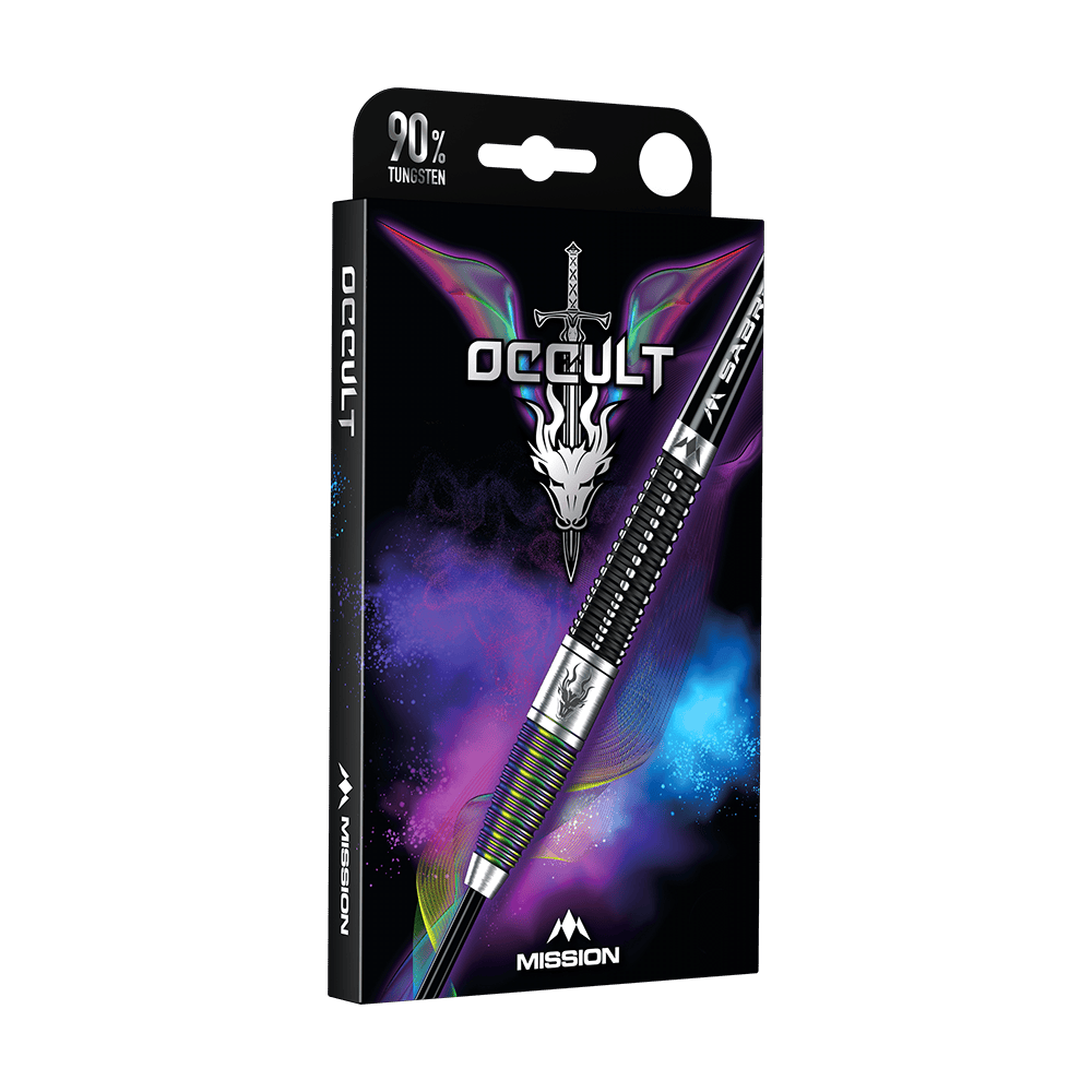 M001317_Mission_Occult_Steeldarts_3 Die Abbildung zeigt die Verpackung der "Mission Occult Steeldarts - 23g". Auf der Vorderseite sind ein Dartpfeil, ein Drachenkopf mit Schwert und bunte Rauchwolken zu sehen.