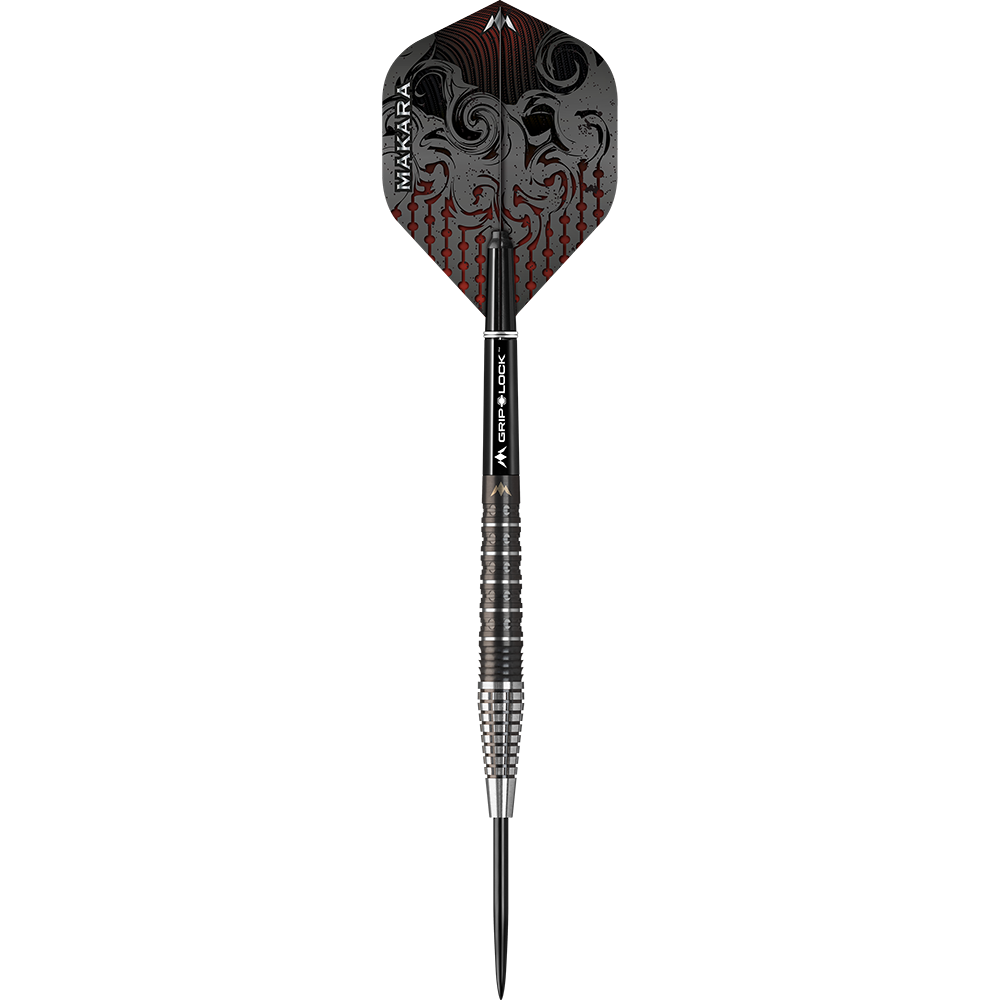 Mission Makara M2 stalen darts - 23g Das Bild zeigt einen Mission Makara M2 Steeldart mit einem Gewicht von 23 Gramm. Der Dart hat ein auffälliges Design mit schwarzen und roten Verzierungen auf dem Flight.