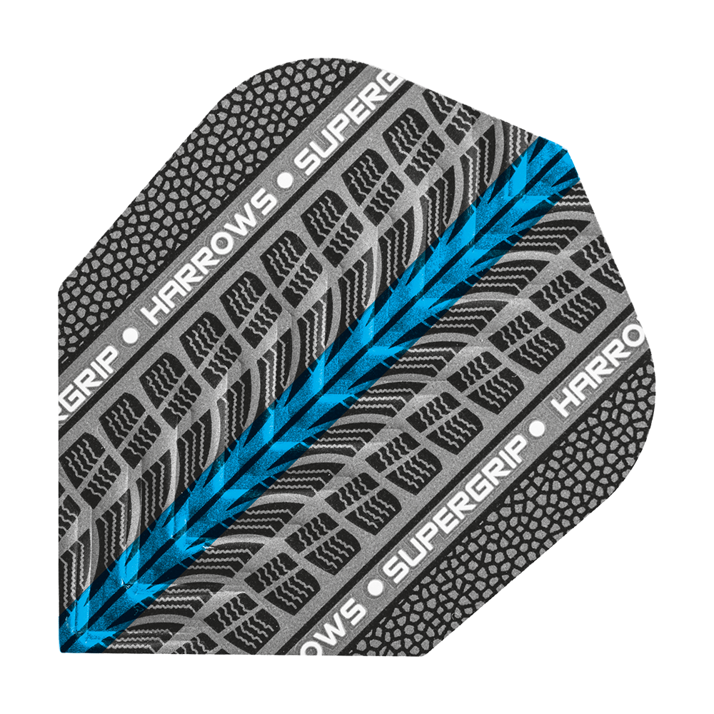 HR75_Harrows_Supergrip_Blau_No6_Flights_1 Das Bild zeigt ein Dart-Flight mit dem Namen "Harrows Supergrip Blau No6 Flights". Das Design besteht aus einem schwarzen und grauen Muster mit einem blauen Streifen und weißen Schriftzügen.