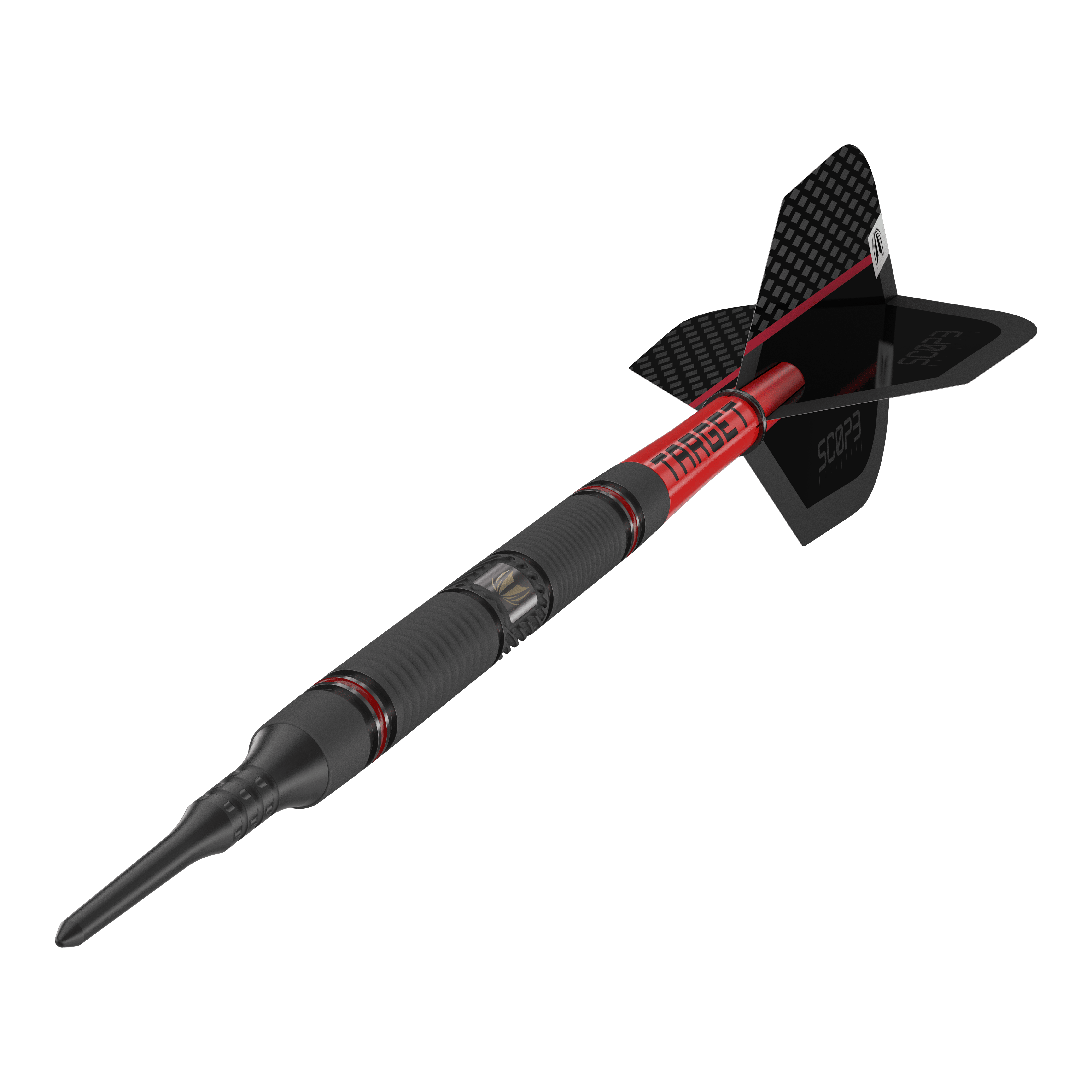 Target Scope 10 zachte pijltjes Das Bild zeigt einen modernen Softdart mit dem Namen "Target Scope 10 Softdarts". Der Dart ist schwarz und rot gestaltet und hat eine auffällige, strukturierte Oberfläche sowie eine schwarze Flight.