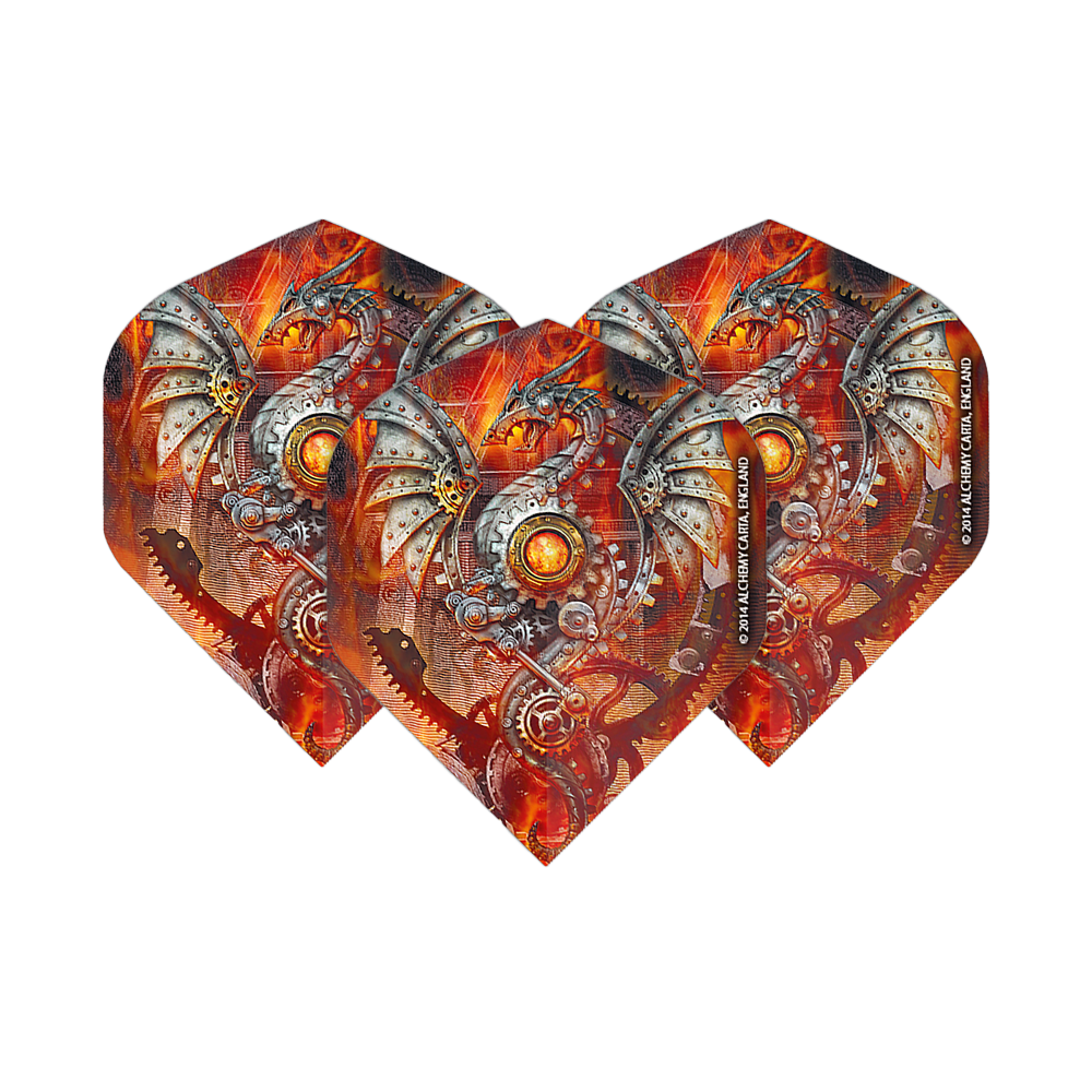 Alchemy Tech Dragon No2 Standaardvluchten Das Bild zeigt drei Dart-Flights mit einem mechanischen Drachenmotiv in leuchtenden Orange- und Silbertönen. Die Flights sind das Produkt "Alchemy Tech Dragon No2 Standard Flights".