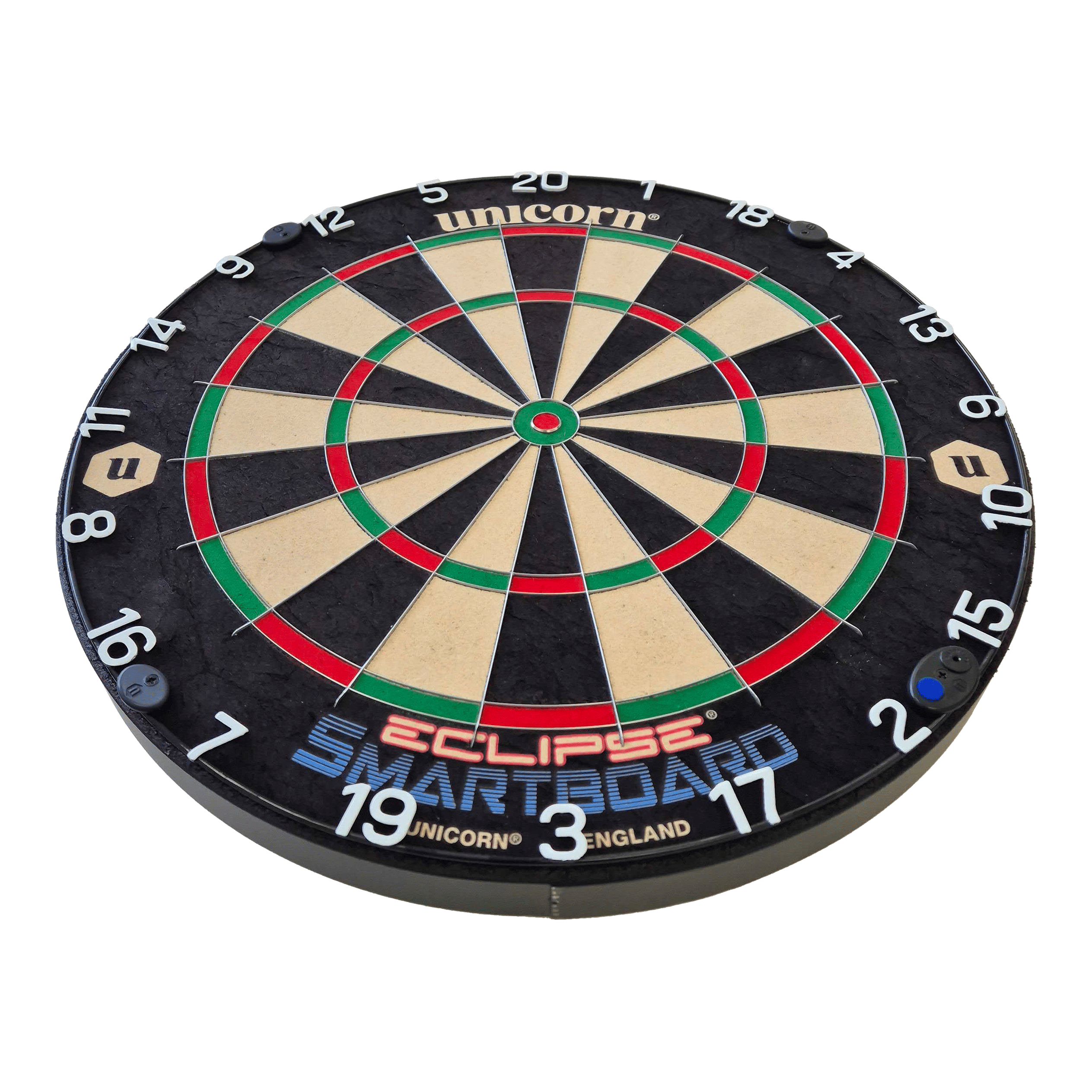 Unicorn Eclipse Smartboard stalen dartbord Das Bild zeigt das Produkt "Unicorn Eclipse Smartboard Steeldartboard". Es ist eine runde Dartscheibe mit farbigen Segmenten und weißen Zahlen am Rand.