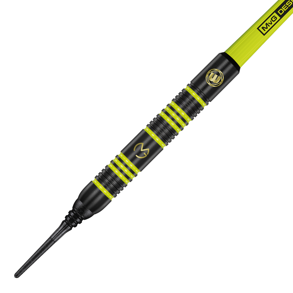 2237_Winmau_Michael_Van_Gerwen_MvG_Ambition_Softdarts_2 Das Bild zeigt einen Winmau Michael Van Gerwen MvG Ambition Softdart mit einem Gewicht von 20 g. Der Dart ist schwarz mit auffälligen gelb-grünen Akzenten verziert.