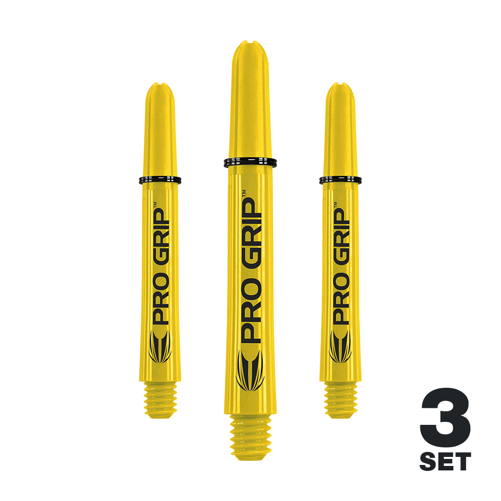 Target Pro Grip Shafts - 3 sets - Geel Auf dem Bild sind drei gelbe Dartschäfte mit der Aufschrift „PRO GRIP“ zu sehen. In der rechten unteren Ecke steht „3 SET“.