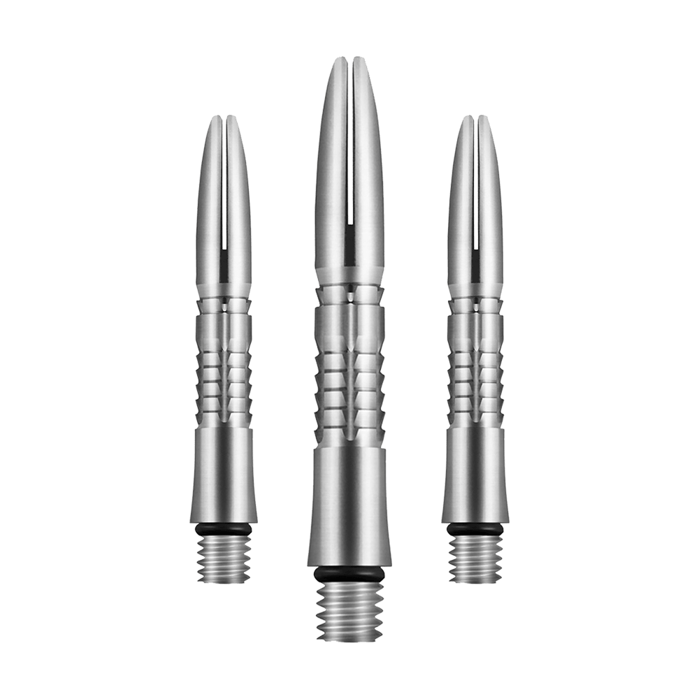 Shot Mako Titanium Shafts Auf dem Bild sind drei silberne Dartschäfte aus Titan zu sehen. Sie haben ein gerilltes Design und ein Schraubgewinde am unteren Ende.