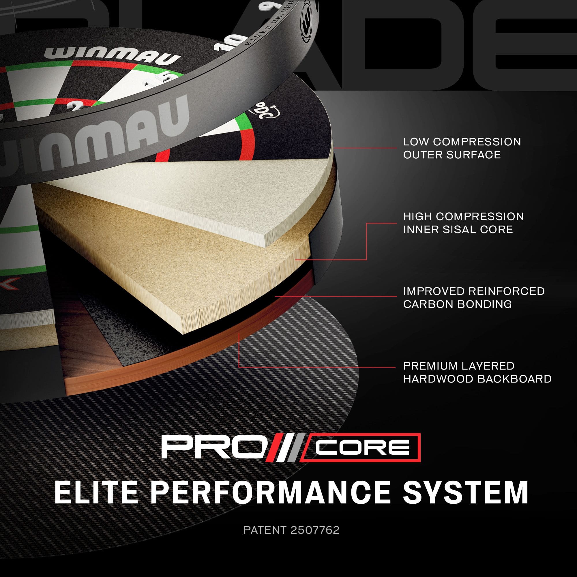 Winmau Blade X ProCore stalen dartbord Das Bild zeigt einen weiteren Blick auf das Winmau Blade X ProCore Steeldartboard. Die Aufnahme fokussiert auf die Oberfläche und das Segment-Design.