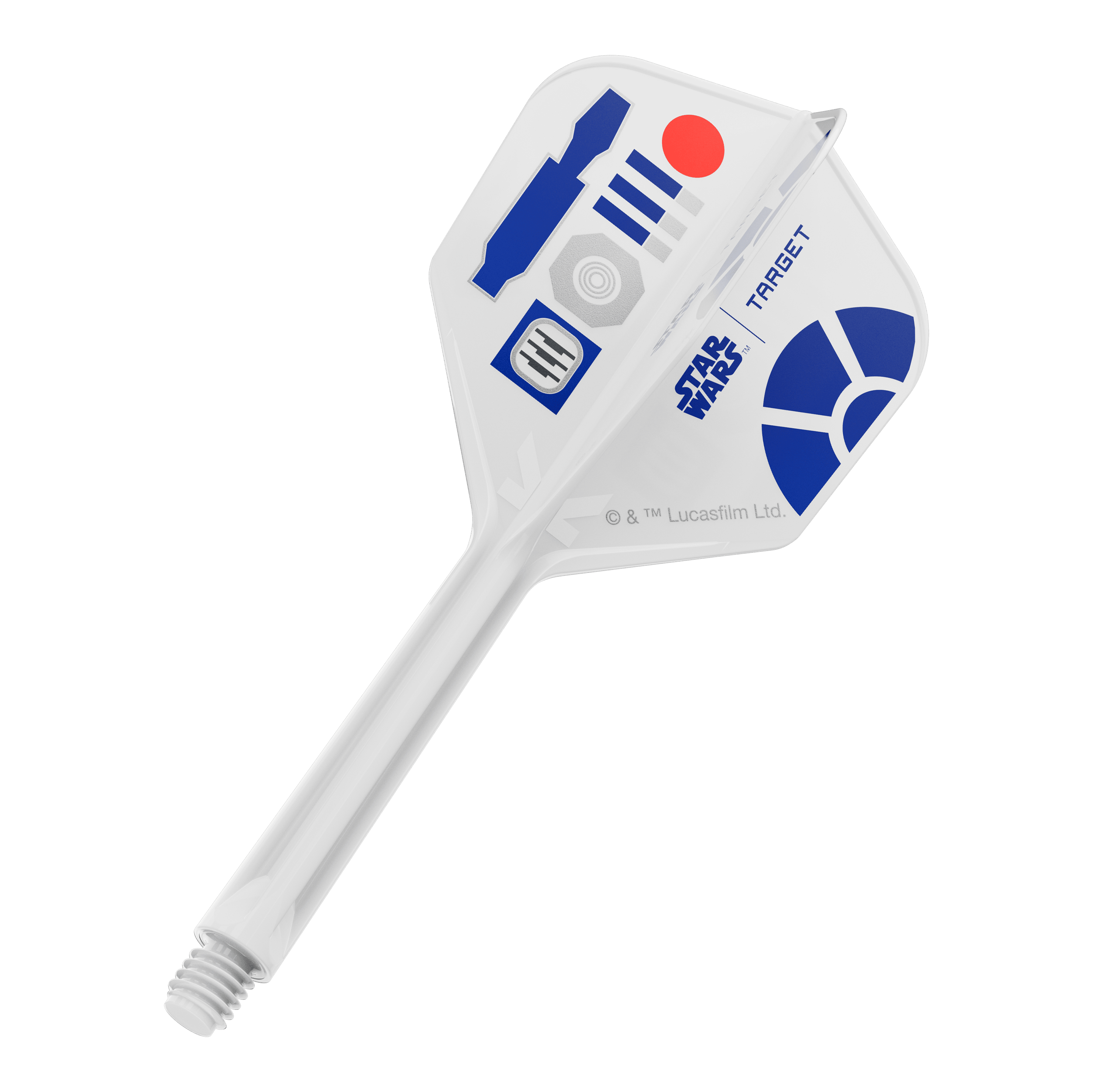 Target Star Wars K-Flex R2D2 No6-vluchten Das Bild zeigt ein Produkt mit dem Dateinamen 410512_Target_StarWars_KFlex_R2D2_No6_Flights_Medium_33mm_1. Es dürfte ein Dart-Flight im Star Wars Design sein.