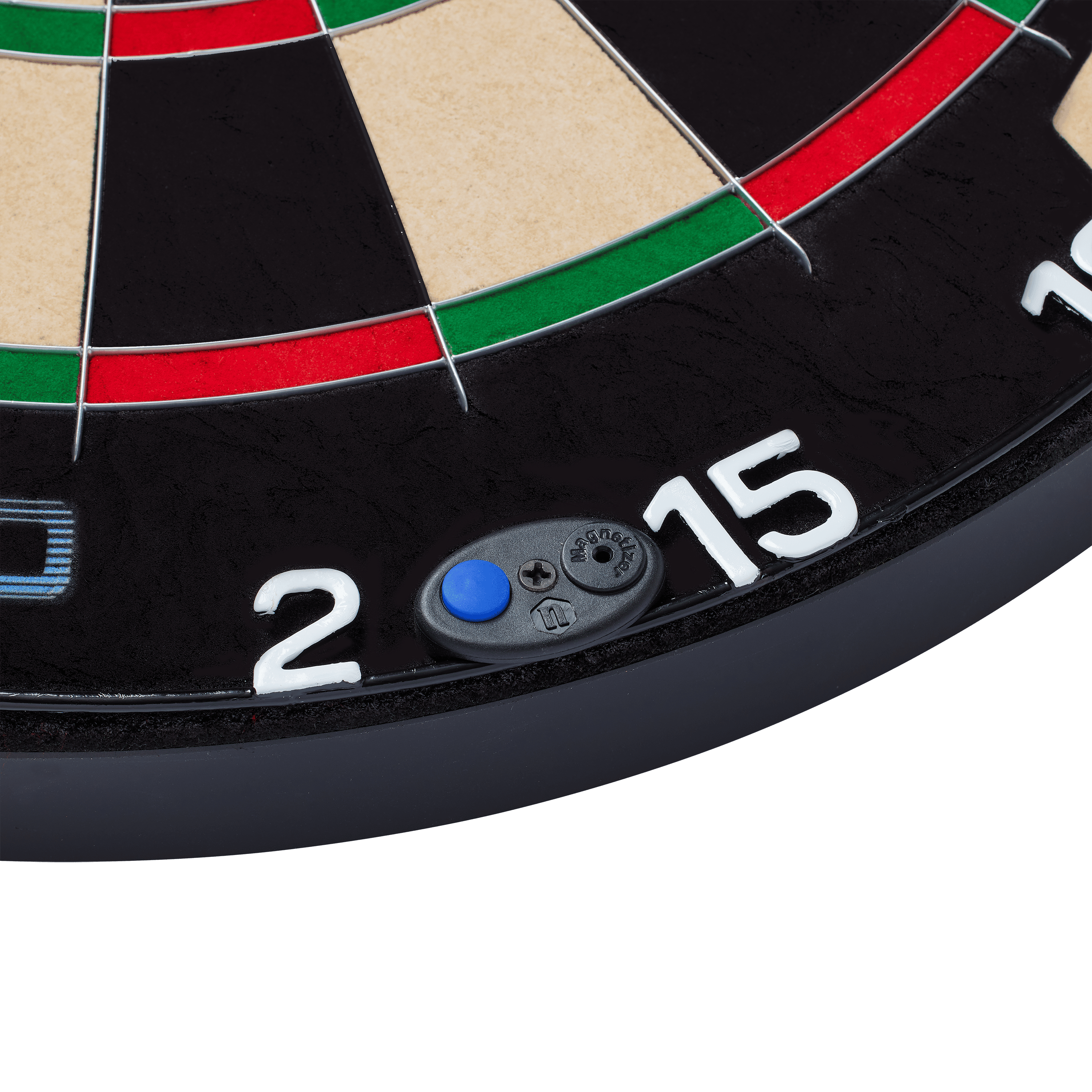 Unicorn Eclipse Smartboard stalen dartbord Das Bild zeigt einen Ausschnitt eines Steeldartboards mit den Zahlen 2 und 15. Es handelt sich um das Produkt "Unicorn Eclipse Smartboard", das auch einen kleinen blauen Knopf am Rand besitzt.