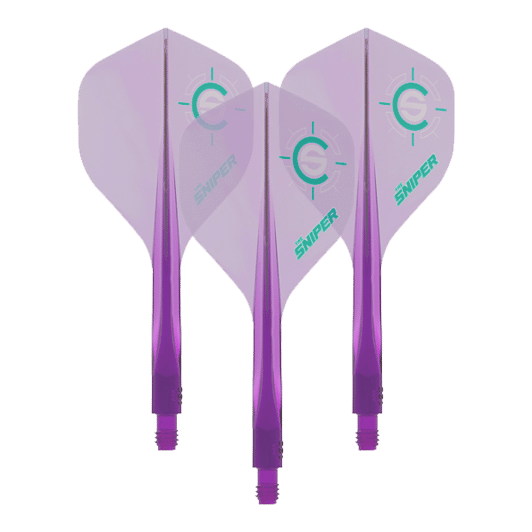 Condor Axe 120 Connor Scutt Sniper Clear Purple Flight-System - Standard Das Bild zeigt drei lilafarbene Dart-Flights des Modells „Condor Axe 120 Connor Scutt Sniper Clear Purple“. Auf den Flights ist ein grünes Ziel-Logo sowie das Wort „Sniper“ zu sehen.