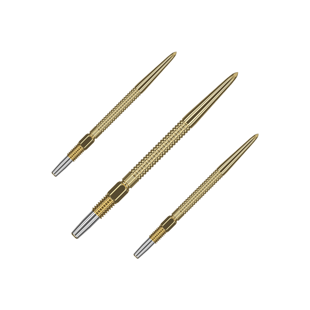 Target Swiss Point GRD Gold darttips Das Bild zeigt drei goldene Dartspitzen des Produkts "Target Swiss Point GRD Gold Dartspitzen". Die Spitzen sind fein gearbeitet und haben einen metallischen Glanz.