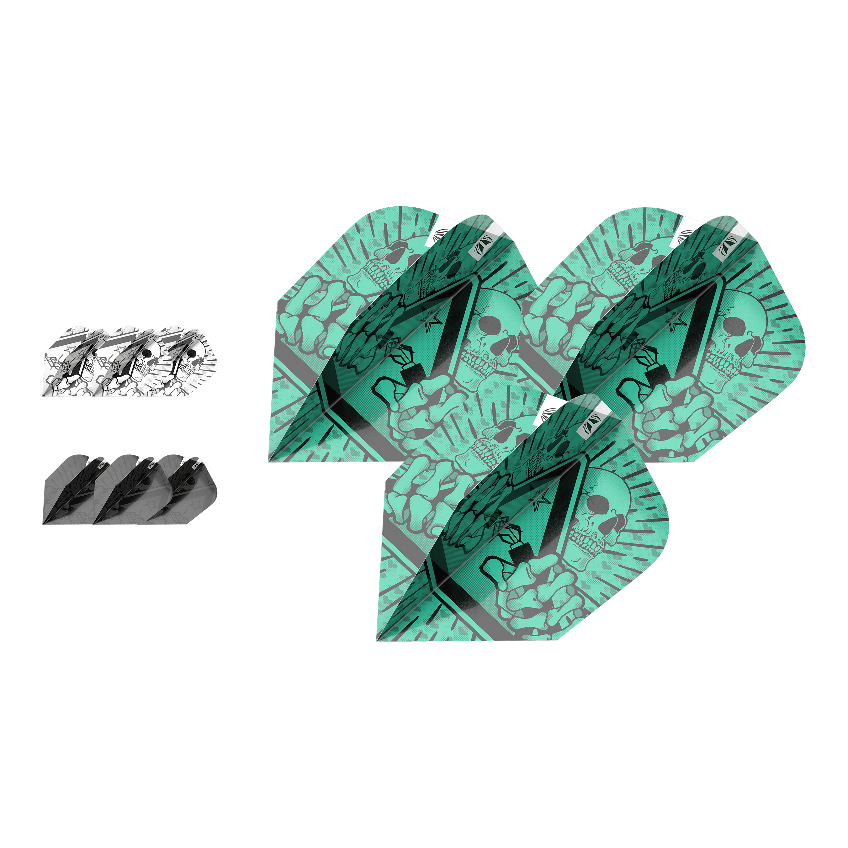 Target Inktbundel 3 sets Rob Cross Ten-X Flights Das Bild zeigt das Produkt „Target Ink Bundle 3 Sets Rob Cross Ten-X Flights“. Es sind drei verschiedene Dart-Flights mit auffälligen Mustern zu sehen, darunter ein grünes Design mit Totenkopf.