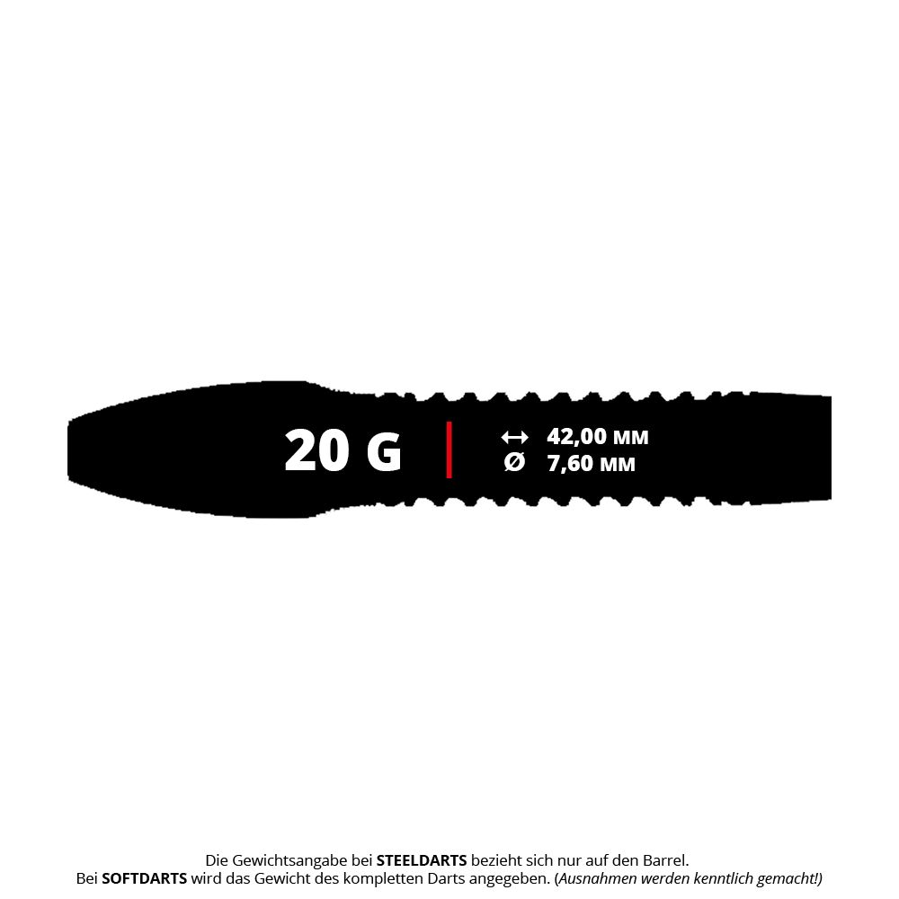 Das Bild zeigt die Produktdetails der Caliburn Wolfpack W4 Steeldarts mit 20 Gramm Gewicht. Die Länge des Barrels beträgt 42,00 mm und der Durchmesser 7,60 mm.