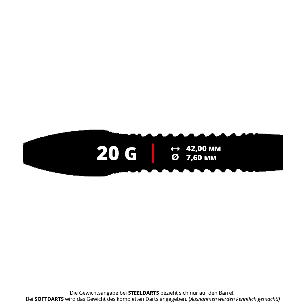 Caliburn Wolfpack W4 stalen dartpijlen - 20g Das Bild zeigt die Produktdetails der Caliburn Wolfpack W4 Steeldarts mit 20 Gramm Gewicht. Die Länge des Barrels beträgt 42,00 mm und der Durchmesser 7,60 mm.