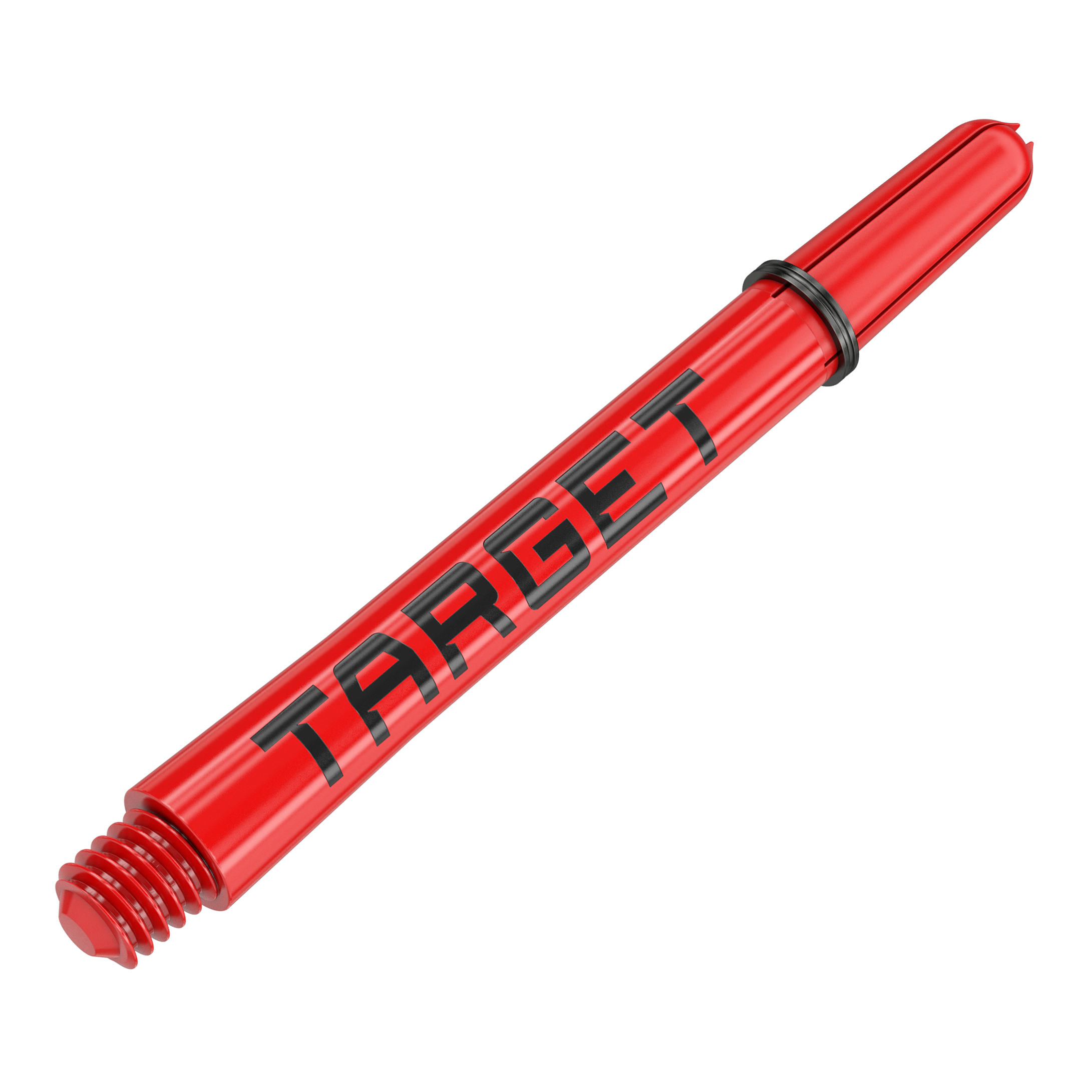 Target Pro Grip TAG Shafts - 3 sets - Rood Auf dem Bild ist ein roter Dart-Schaft mit der Aufschrift "TARGET" zu sehen. Der Schaft hat am Ende ein Schraubgewinde und einen schwarzen Gummiring.