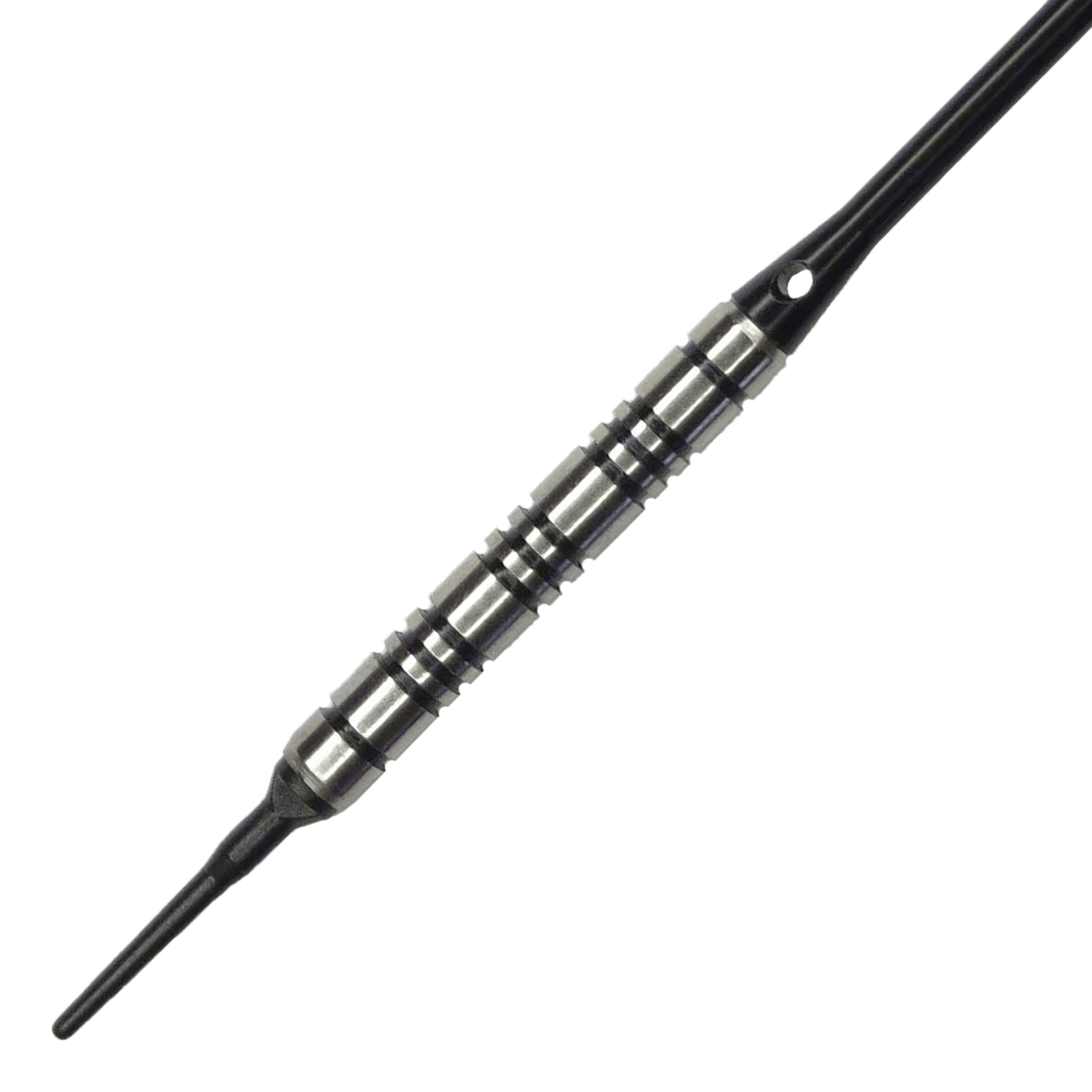 McDart 85 Tungsten V2 zachte darts - 17g Das Bild zeigt einen McDart 85er Tungsten V2 Softdart mit einem Gewicht von 17g. Der Dart besteht aus silbernem Metall mit schwarzen Rillen und besitzt eine schwarze Kunststoffspitze.