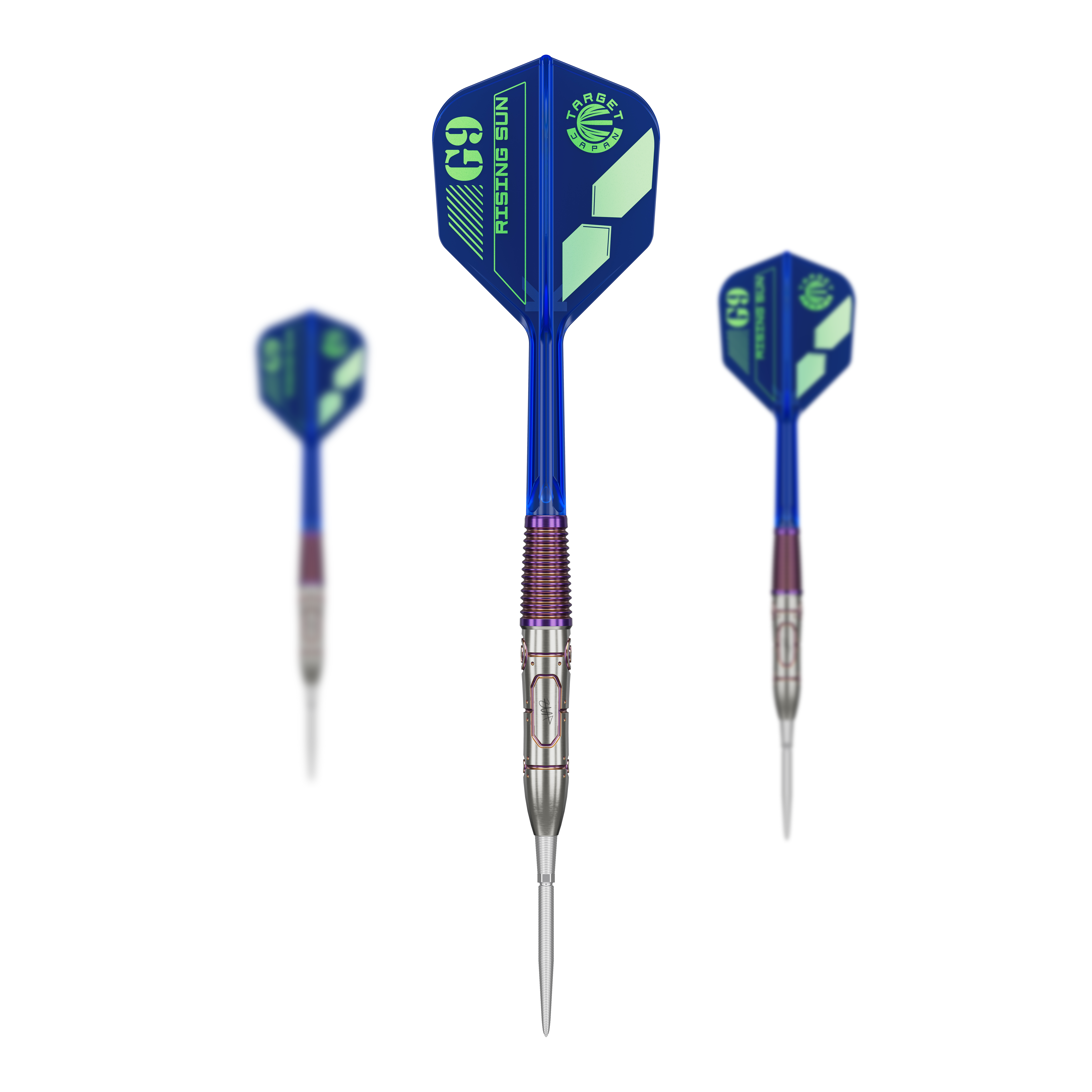 Target Japan Haruki Muramatsu Rising Sun GEN9 Steeldarts - 23g Auf dem Bild sind drei Steeldarts des Modells "Target Japan Haruki Muramatsu Rising Sun GEN9" zu sehen. Die Darts haben blaue Flights und silberne Spitzen.