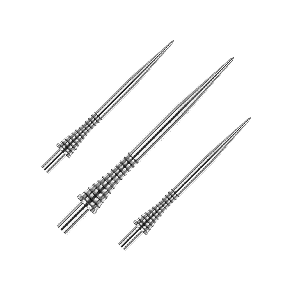Red Dragon Raptor Gripped Zilveren stalen dartpunten 38mm Das Bild zeigt drei silberne Steeldartspitzen mit geriffeltem Griffdesign. Es handelt sich um das Produkt "Red Dragon Raptor Gripped Silver Steeldartspitzen 38mm".