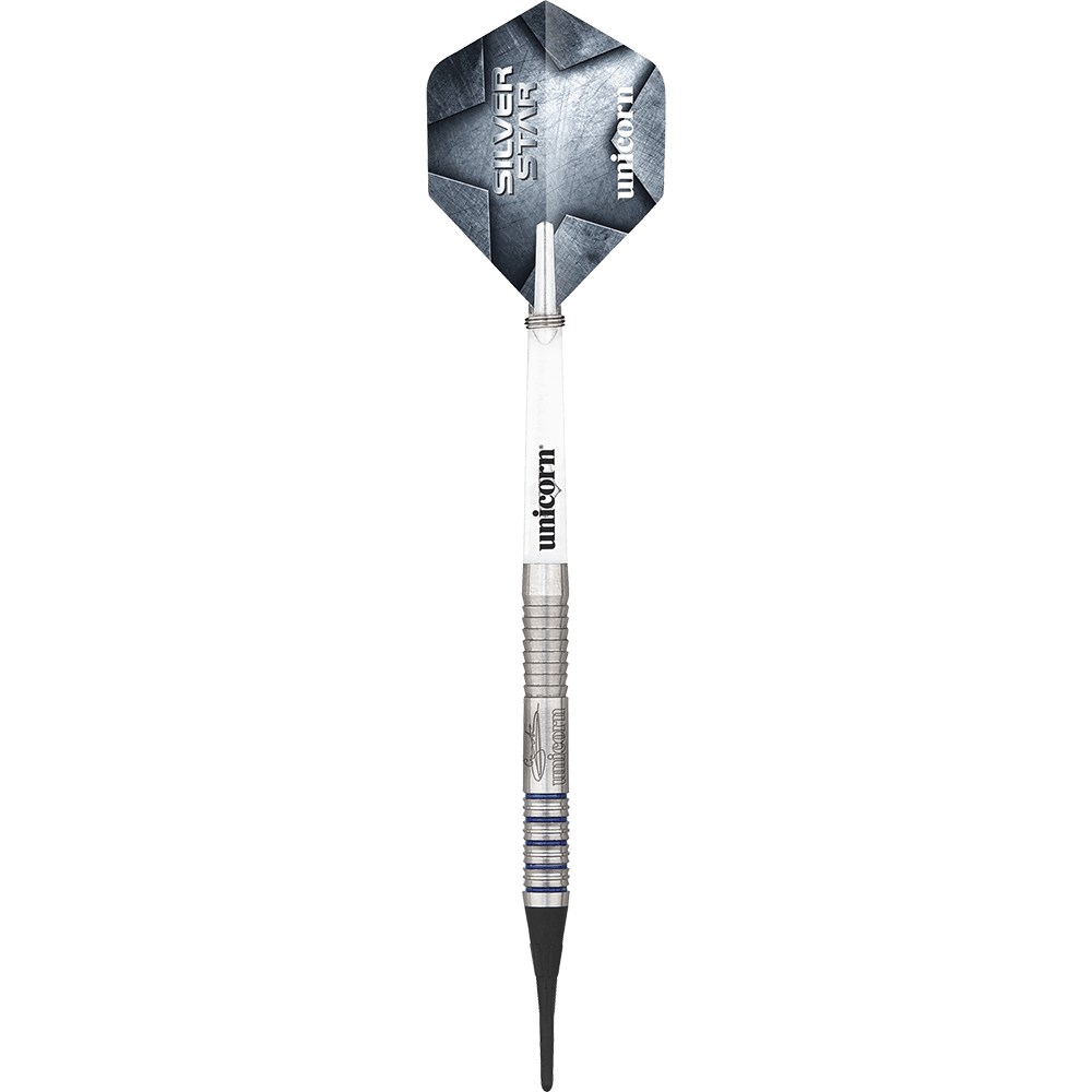 04771_Unicorn_Silver_Star_Var2_Gary_Anderson_Softdarts_1NXXE003B8Bifb Das Bild zeigt einen Softdart mit silbernem Schaft und grauer Flights. Auf dem Flight steht "Unicorn Silver Star".