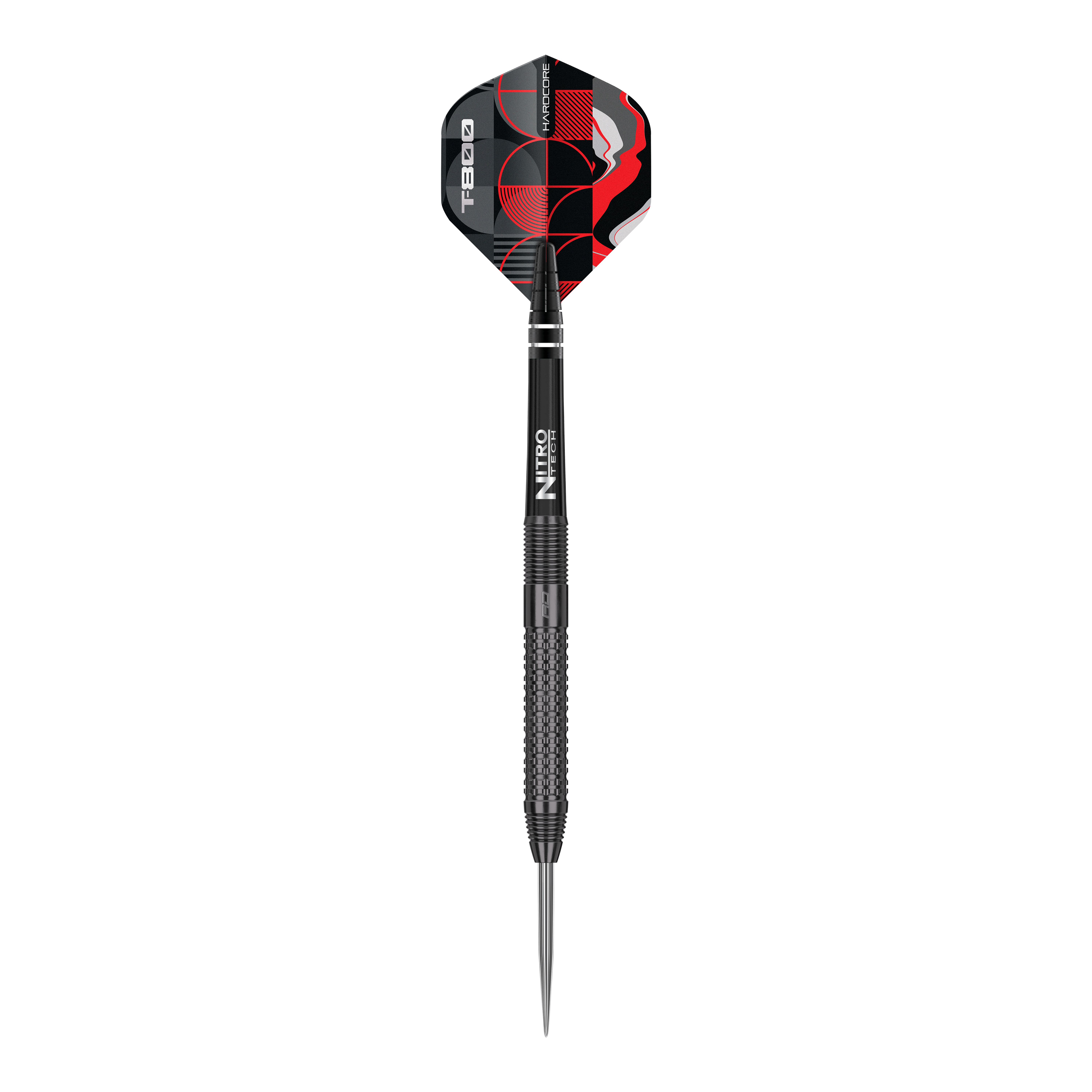 Red Dragon T-800 Steeldarts Das Bild zeigt einen Red Dragon T-800 Steeldart mit einer schwarzen, strukturierten Oberfläche. Die Dartflügel sind schwarz-rot gemustert und tragen den Schriftzug "T-800".