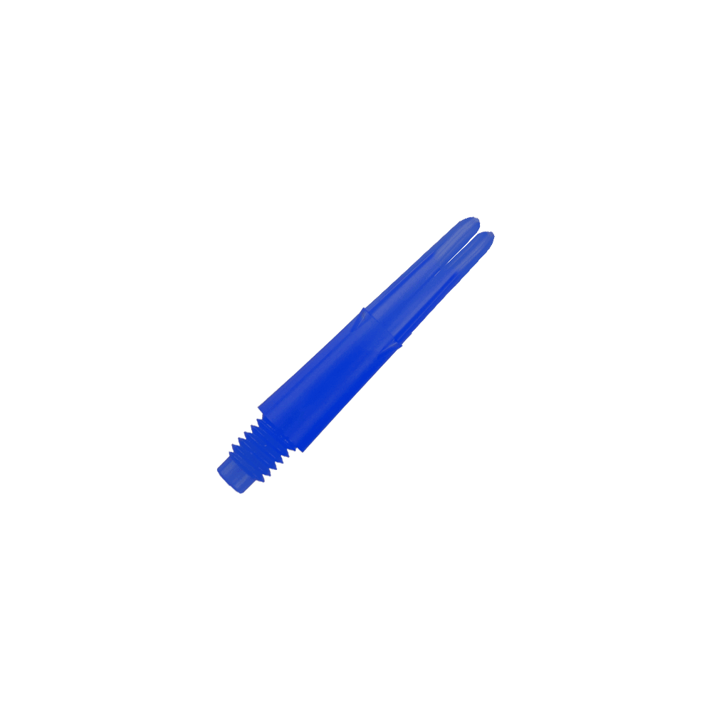 L-L-Style-Shafts Locked Straight - Blauw Auf dem Bild ist ein gerader, blauer Dart-Schaft ohne Kappen zu sehen. Er hat ein Gewinde am unteren Ende und ist 26 mm lang.