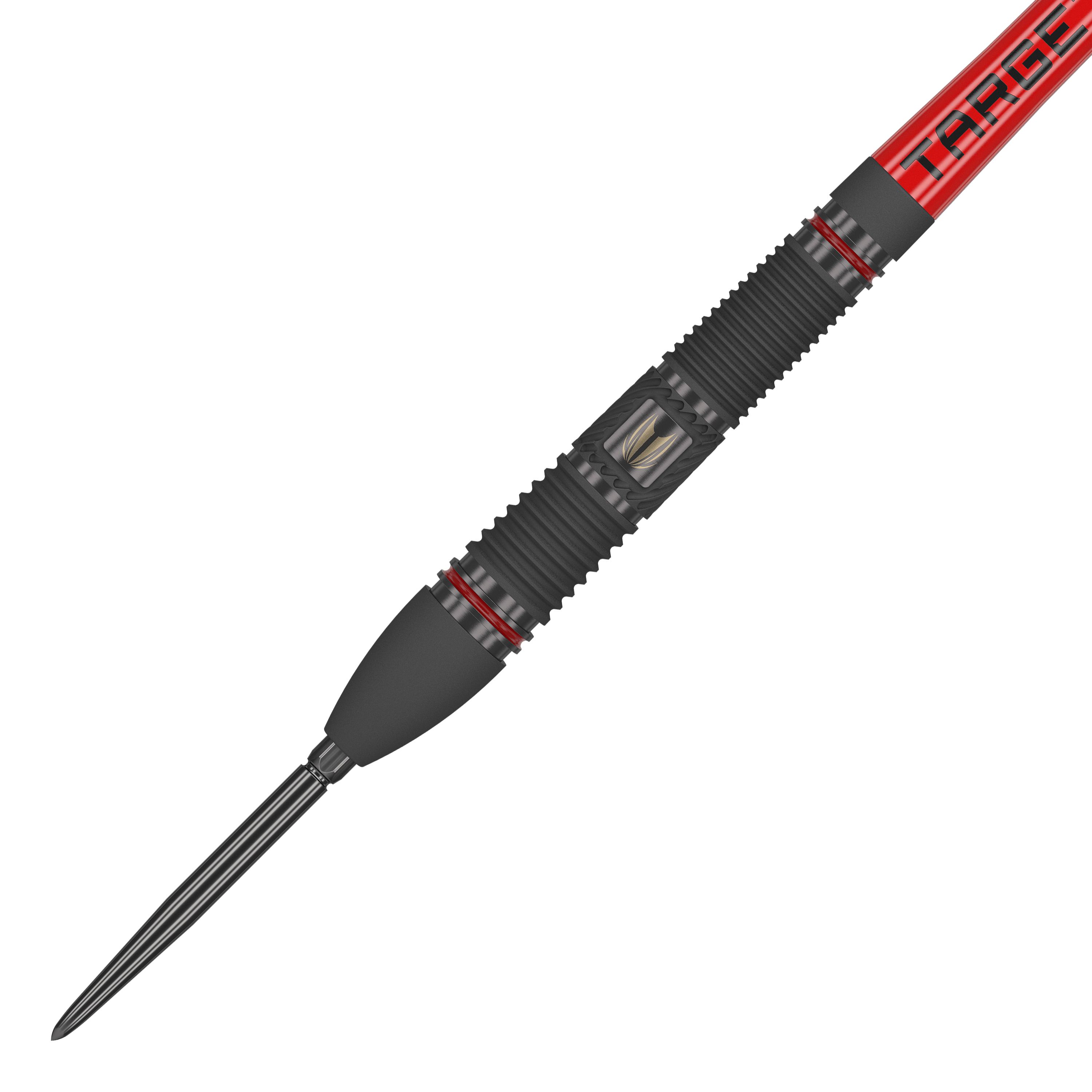 Target Scope 02 Swiss Point stalen darts Das Bild zeigt einen Target Scope 02 Swiss Point Steeldart mit einem schwarzen und roten Design. Der Dartpfeil hat eine gerillte Griffzone und eine scharfe Metallspitze.