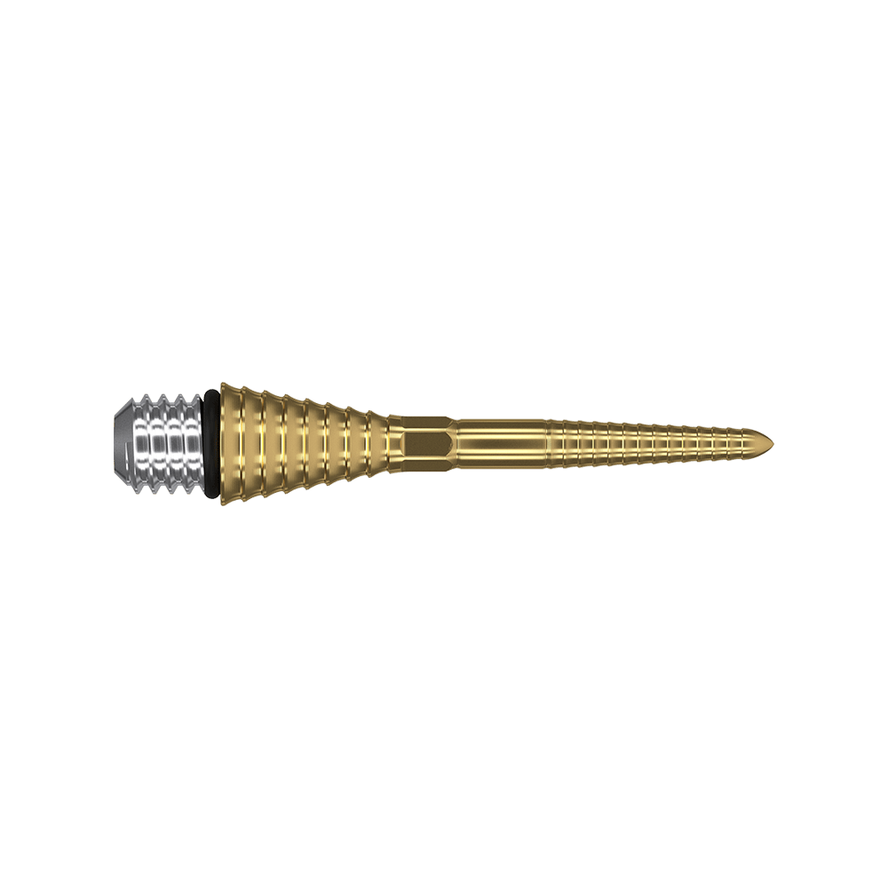380178_Target_Titanium_Swiss_Point_Grooved_Conversion_Points_Gold_26mm_2 Das Bild zeigt einen Target Swiss Point Grooved Conversion Point in Gold. Die Spitze ist aus Metall und hat ein geriffeltes Design mit einer goldenen Farbe.
