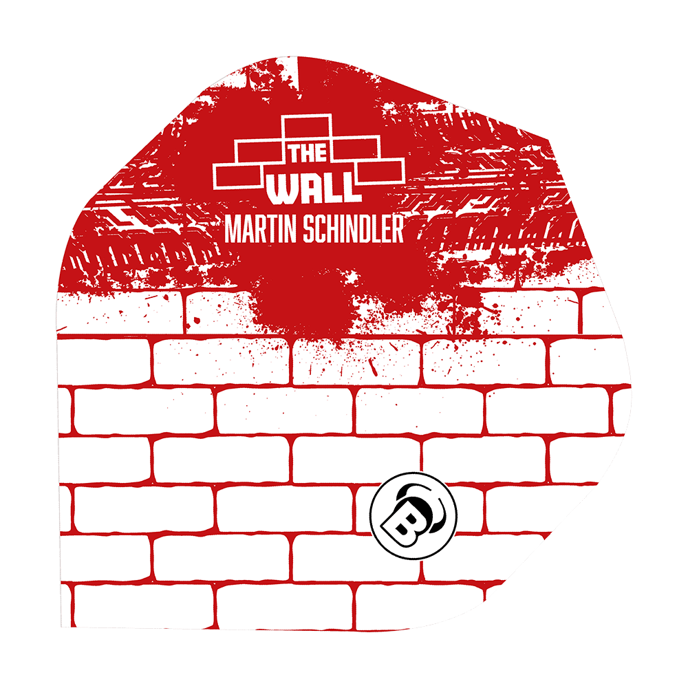 Bulls Metrixx Martin Schindler Wit Rood No2 Standaard Vluchten Das Bild zeigt ein Dart-Flight mit einem weißen Ziegelmuster und roten Farbspritzern. Oben steht „THE WALL MARTIN SCHINDLER“ und unten ist ein „B“-Logo abgebildet.