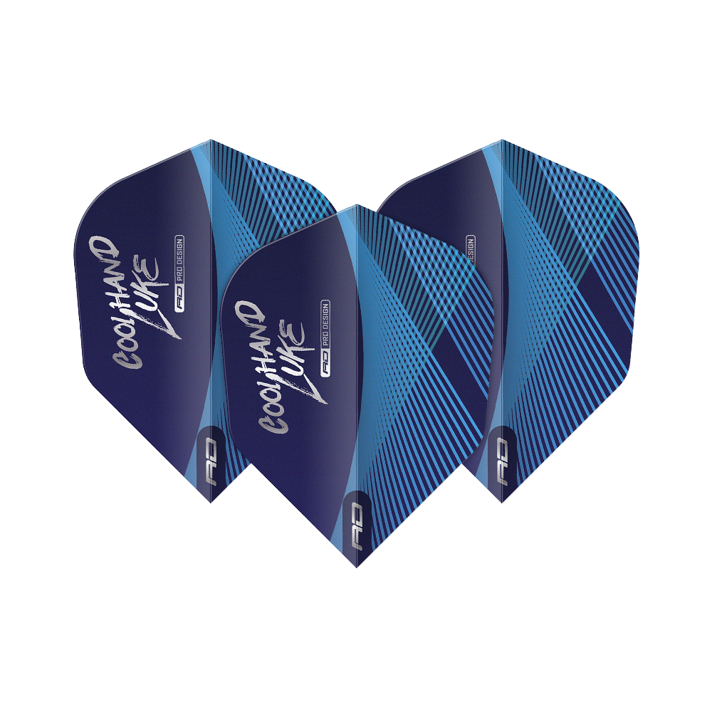 Red Dragon Luke Humphries Coolhand Blue Silver No6 Flights Das Bild zeigt drei blaue Dart-Flights mit silbernen und blauen Linienmustern. Auf den Flights steht der Schriftzug "Coolhand Luke".