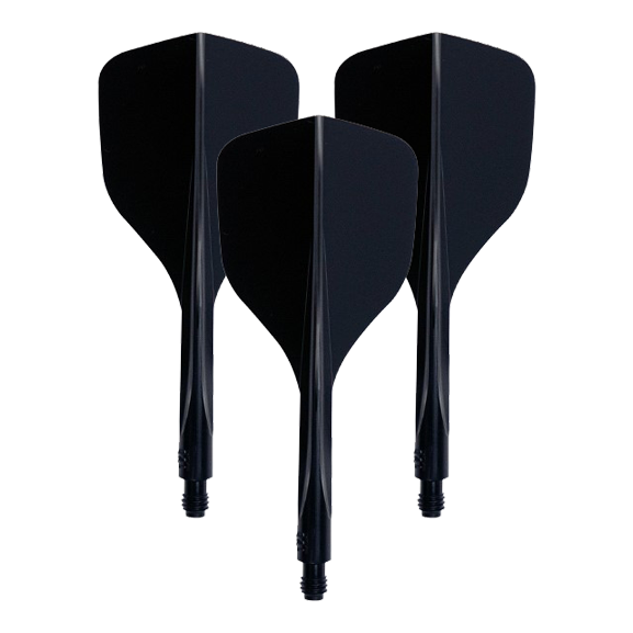 Condor Ax 120 Flight System Zwart - Klein Das Bild zeigt drei schwarze Dart-Flights mit integriertem Schaft. Es handelt sich um das Produkt "Condor Axe 120 Flight-System Schwarz - Small".