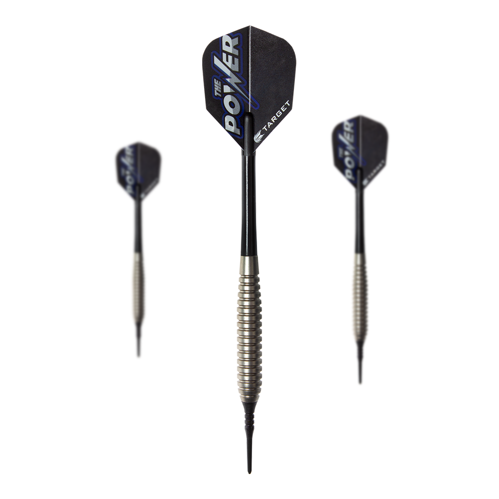 Target Phil Taylor Power Silverlight zachte darts Das Bild zeigt drei Softdarts des Modells "Target Phil Taylor Power Silverlight". Die Darts haben silberne Griffe und schwarze Flights mit der Aufschrift "The Power".