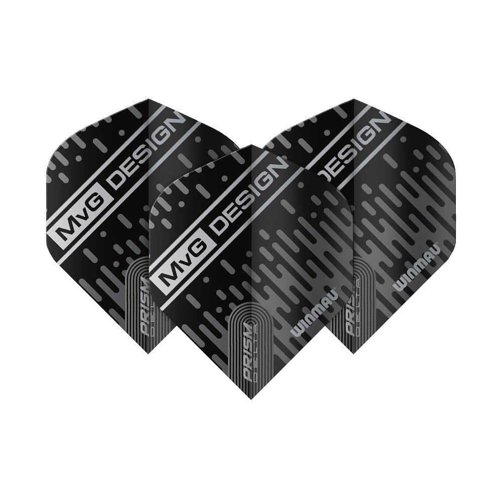 6915-214_Winmau_Prism_Delta_MvG_6915-214_Standard_Flights_17O2KiekynWPnE Das Bild zeigt die Winmau Prism Delta MvG 6915.214 Standard Flights. Sie sind schwarz mit silbernen Akzenten und dem Schriftzug "MvG DESIGN".