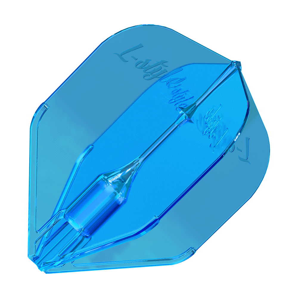 L-Style Fantom L3EZ Vluchten Blauw Das Bild zeigt ein blaues Dart-Flight mit dem Namen "L-Style Fantom L3EZ". Es hat eine transparente Optik und die Aufschrift "L-Style" ist darauf zu sehen.