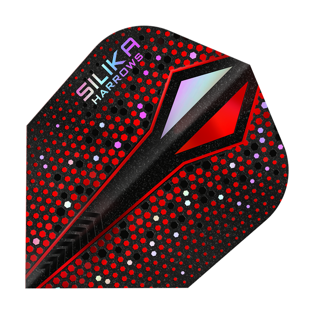 Harrows Silika Colourshift Tough Crystalline Coating Rood-X No6 Vluchten Das Bild zeigt ein Dart-Flight mit einem auffälligen roten und schwarzen Punktmuster. In der oberen Ecke steht der Schriftzug "Silika Harrows".