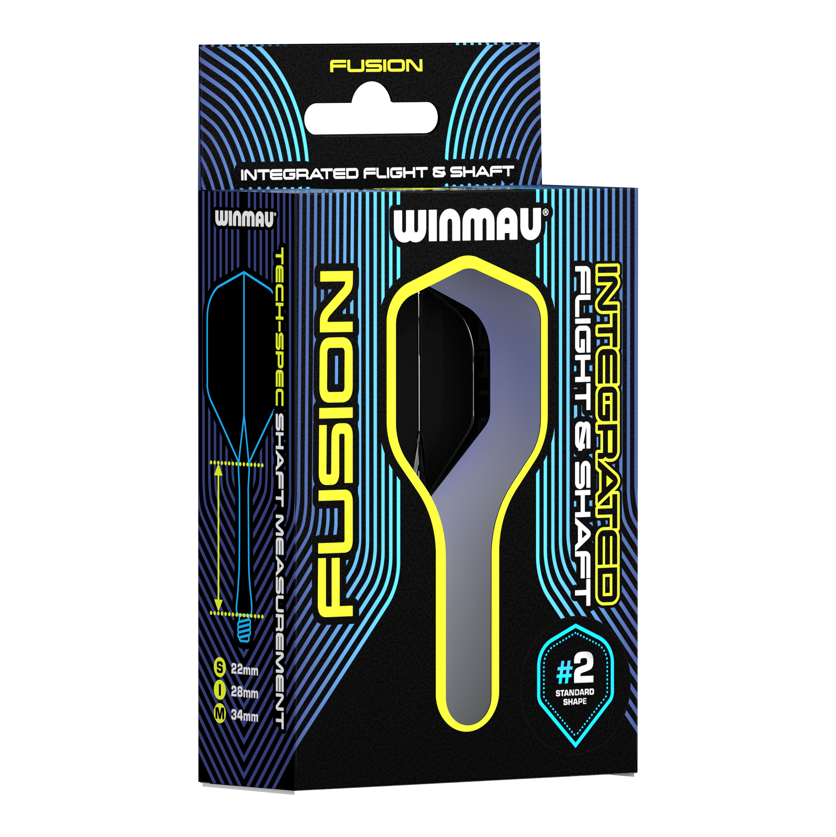 Winmau Fusion Flight Shaft System Standaard Zwart Auf dem Bild ist eine Verpackung des Winmau Fusion Integrated Flight & Shaft Systems zu sehen. Die Schachtel ist schwarz mit blauen und gelben Akzenten und enthält Flights und Shafts für Darts.