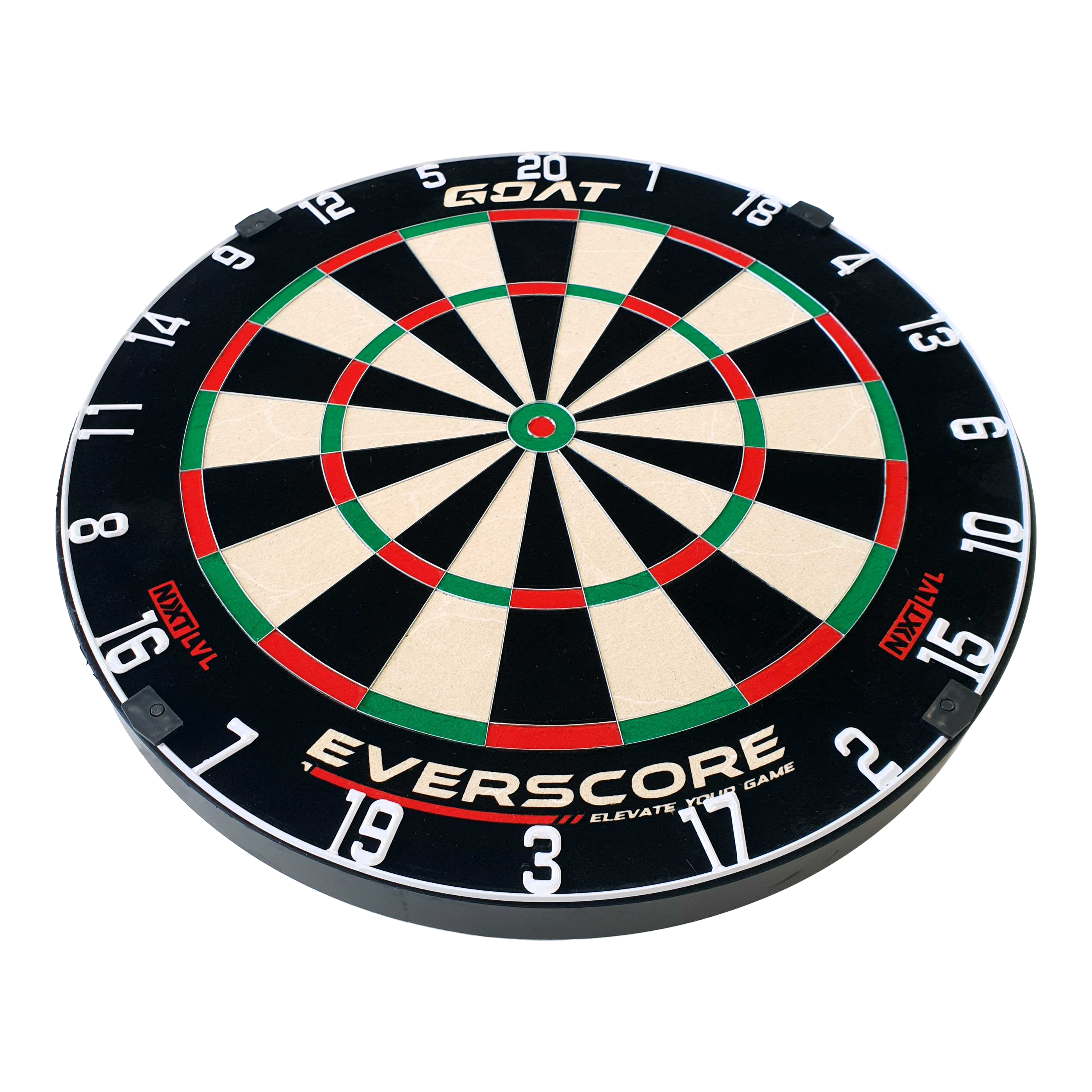 GOAT Everscore Steel Dartbord Das Bild zeigt eine GOAT Everscore Steeldartboard. Die Dartscheibe ist rund und hat farbige Segmente sowie gut sichtbare Zahlen am Rand.