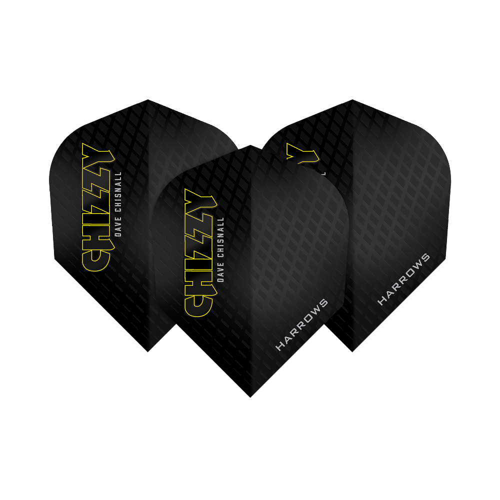 Harrow's Dave Chisnall Chizzy Serie 3 Vluchten Das Bild zeigt drei Dartflights der Marke Harrows aus der Dave Chisnall Chizzy Series 3. Die Flights sind schwarz mit gelbem Schriftzug „CHIZZY“ und verfügen über ein dezentes Rautenmuster.