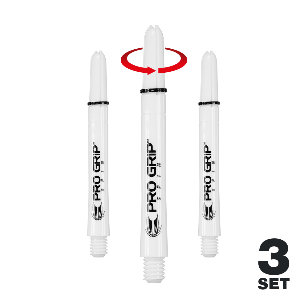 Auf dem Bild sind drei weiße Pro Grip Spin Shafts für Dartpfeile zu sehen. Unten rechts steht "3 SET", was bedeutet, dass es sich um ein Set mit drei Stück handelt.