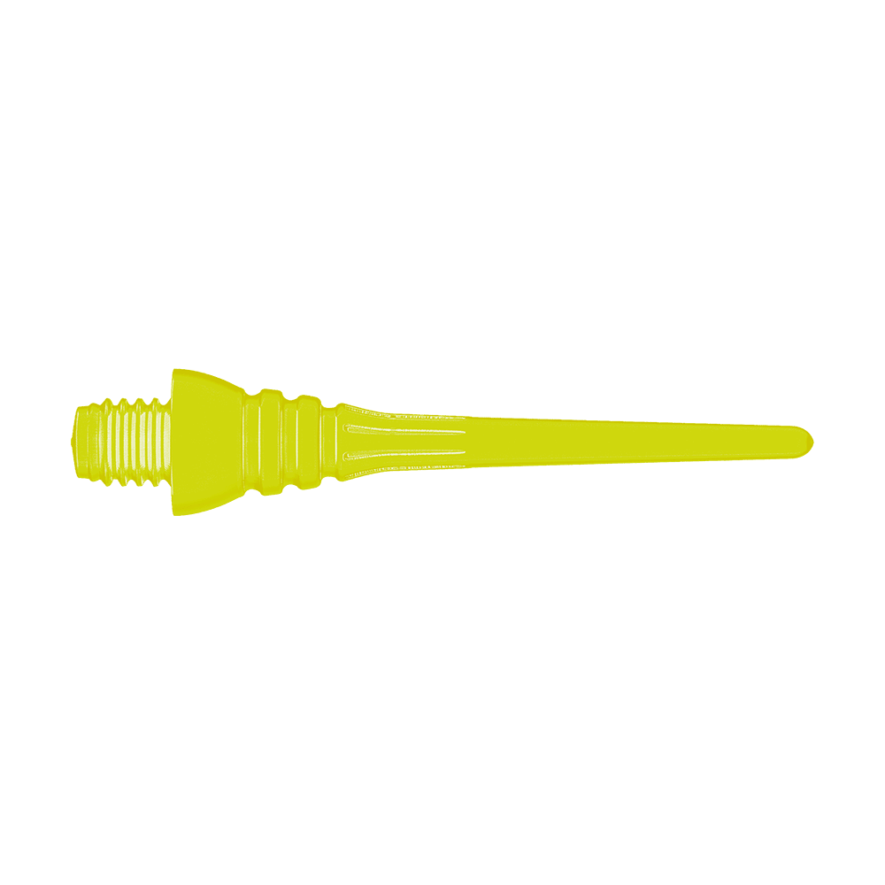 Winmau Triton Softtip Points Softdartspitzen (50-er Pack) Auf dem Bild ist eine gelbe Softdartspitze zu sehen. Sie hat ein Schraubgewinde auf der linken Seite und läuft nach rechts spitz zu.