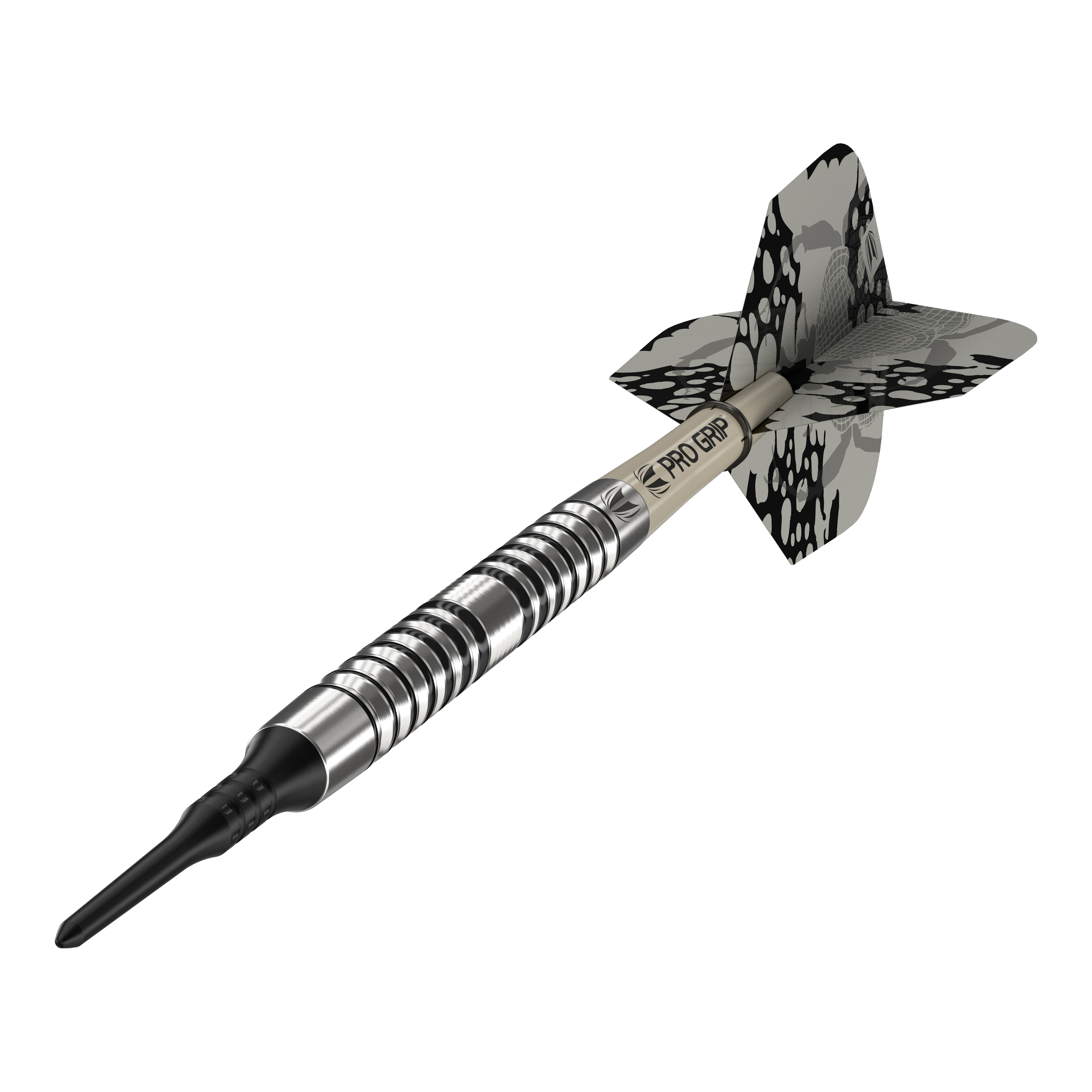 Target EXO 10 Zachte Darts Das Bild zeigt einen Target EXO 10 Softdart. Der Dartpfeil hat ein silbernes, gerieftes Barrel und schwarz-graue Flights mit Muster.